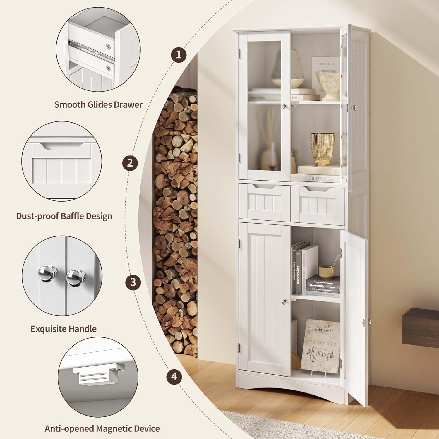 Gizoon 67" Tall Storage Cabinet, Freestanding Kitchen Pantry Cabinet with Glass Door & 2 Shelves & 2 Drawers, Stylish Linen Storage Cabinet for Home, Bathroom, Living Room, Office, White