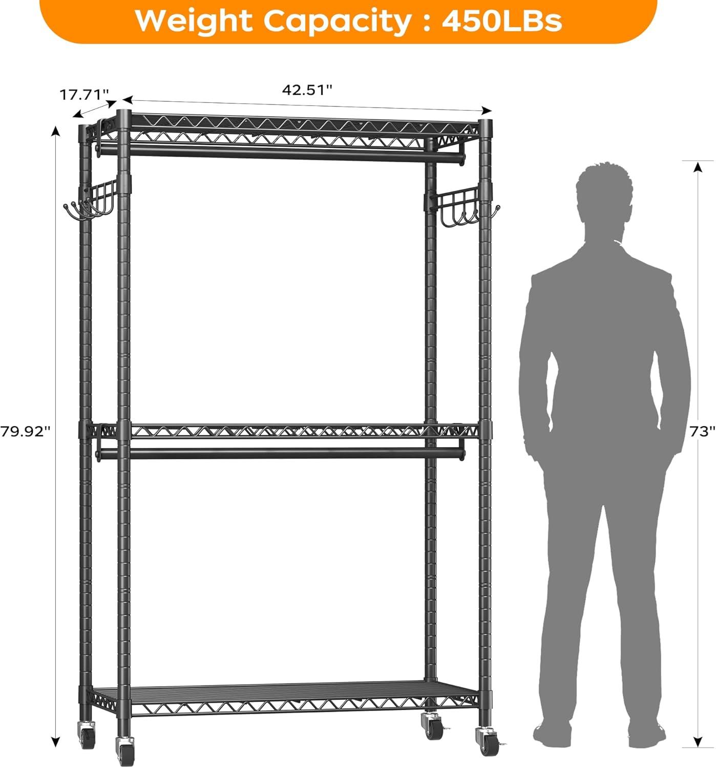 Dextrus Heavy Duty Metal Garment Rack, 3 Tiers Adjustable Wire Shelving Clothes Rack with Double Rods and Side Hooks, Black