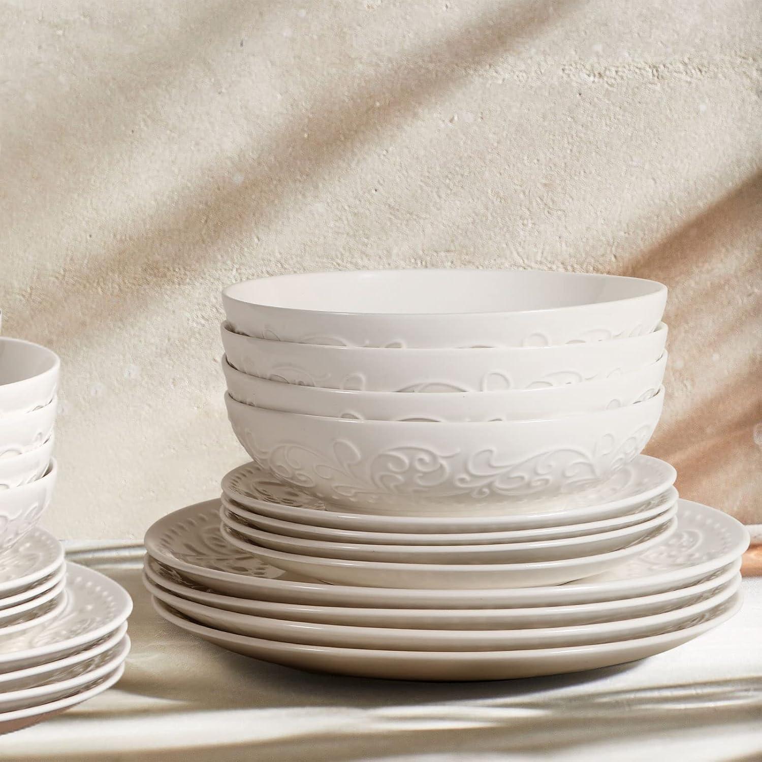 Artena Pasta Bowls 32oz, Ceramic Large Salad Bowls 8 inch, White Embossed Soup Bowl Set of 4 for Serving, Entertaining, Dinner Spaghetti, Wide Shallow, Microwave Dishwasher Oven Safe