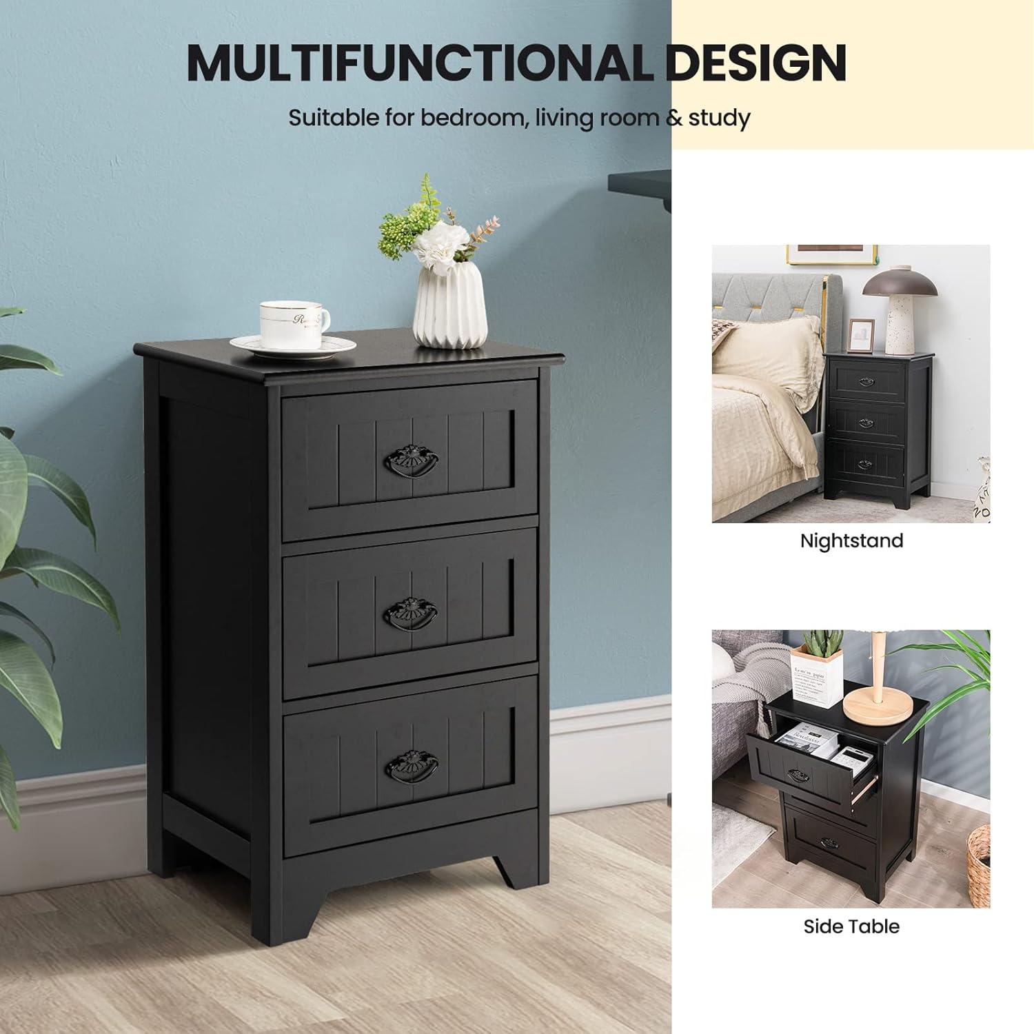 Gymax End Table Nightstand Bedroom Storage w/ 3 Drawers & Wood Slide White