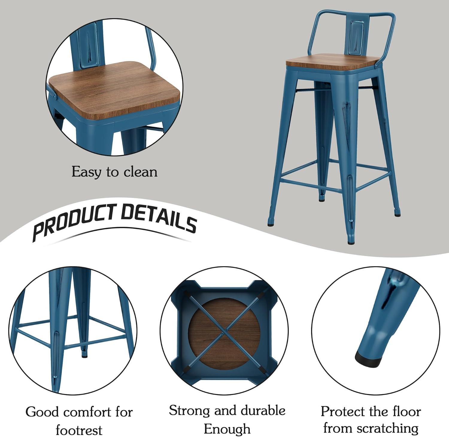 Distressed Navy Industrial Metal Bar Stools with Wood Seats