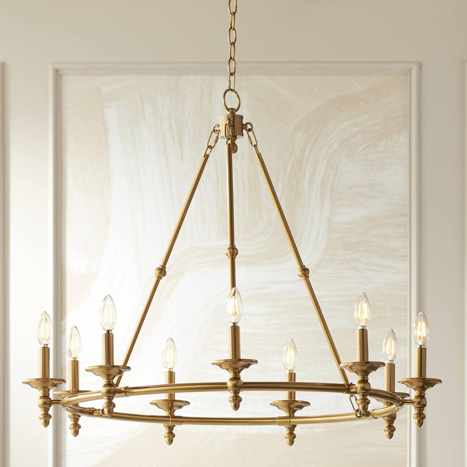 Antique Gold 9-Light Brass Wagon Wheel Chandelier