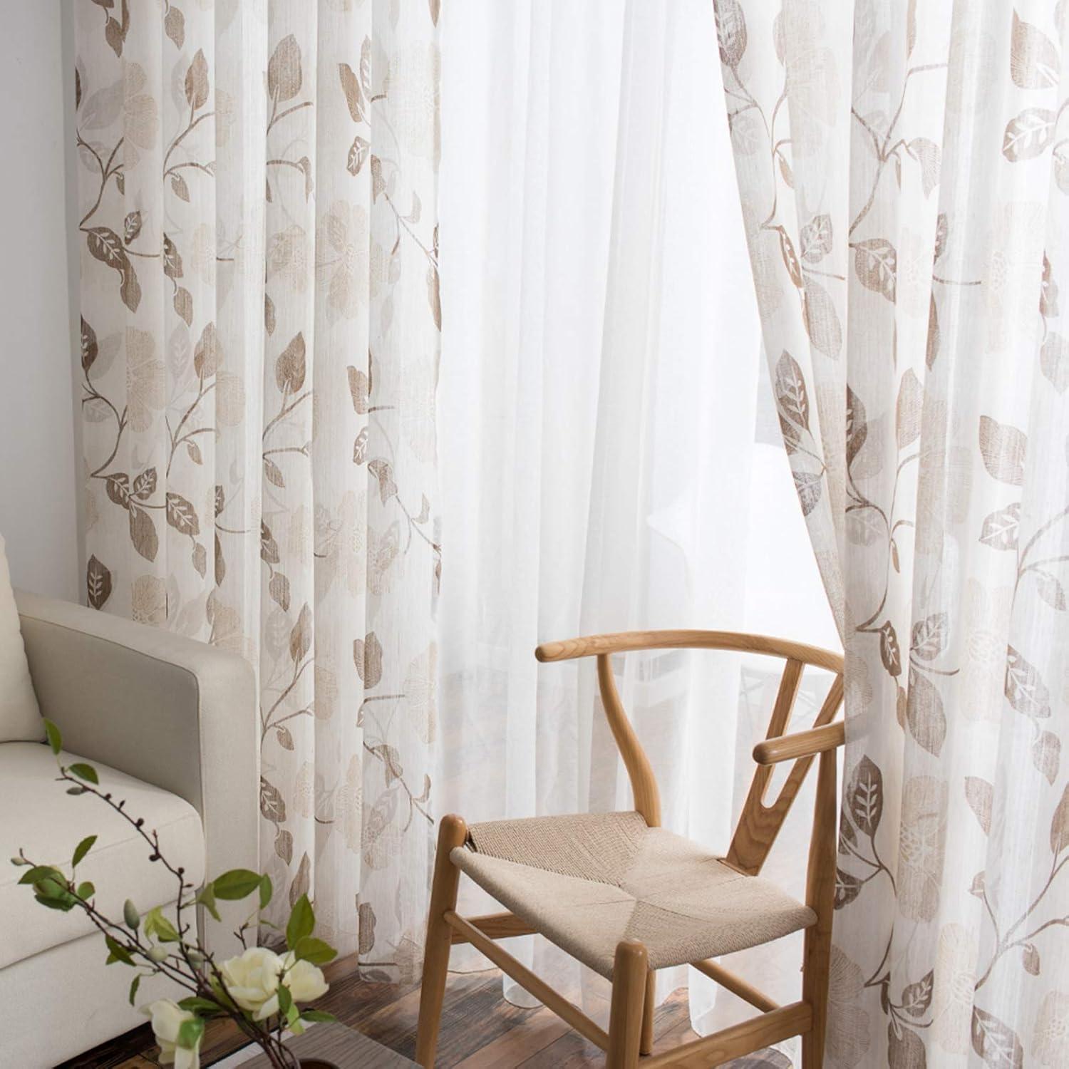 MRTREES Sheer Curtain Panels, Voile Sheer Curtains Drapes Rod Pocket, Flower Printed Embroidery Window Curtain Treatments for Bedroom Living Room Bathroom Window(2 Panels, 54x45 Inches, Brown)