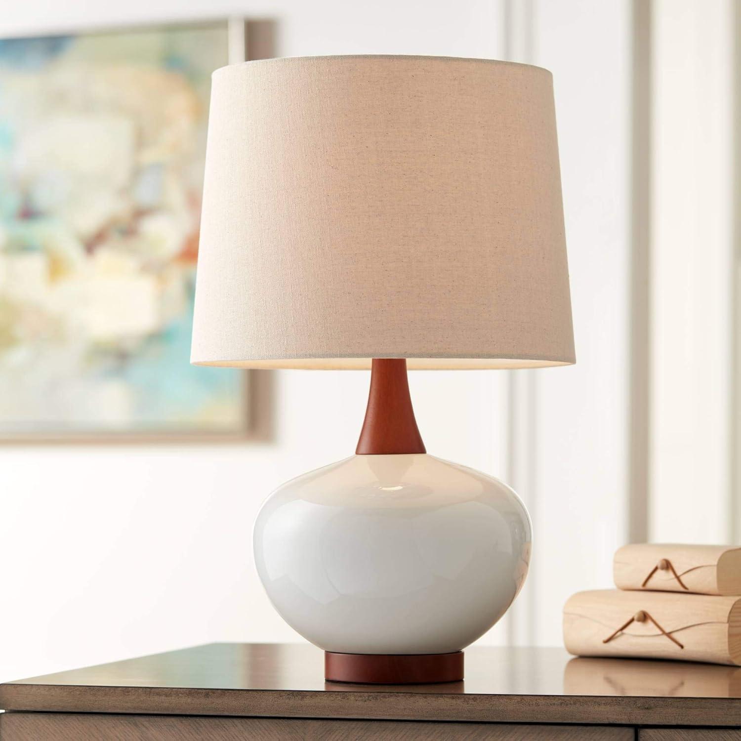 Ivory Ceramic and Wood Mid-Century Table Lamp with Drum Shade