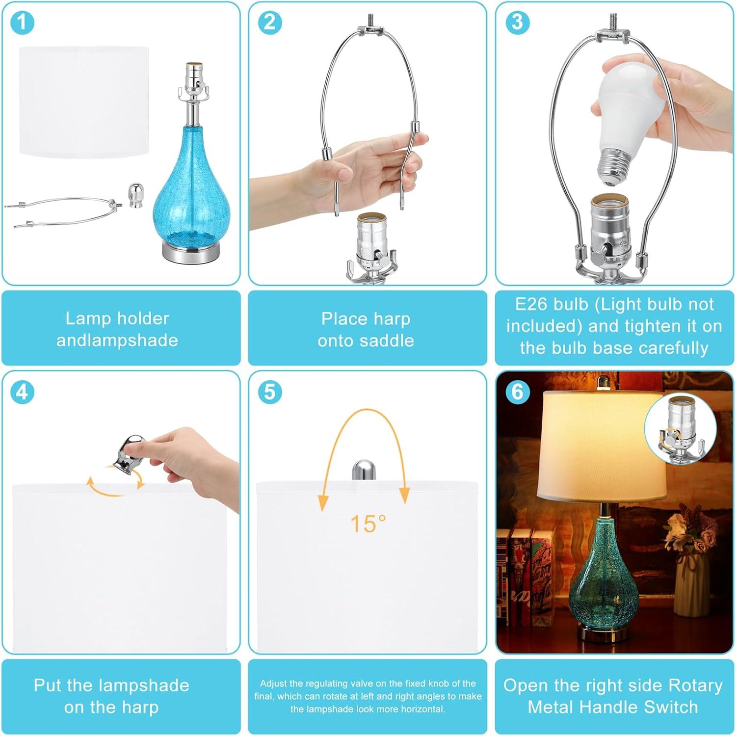 Glass Table Lamps Set of 2, Modern 23.5” Blue Cracked Glass Bedside Lamps, for Bedroom Living Room Home Office Desk Nightstand Table Lamp