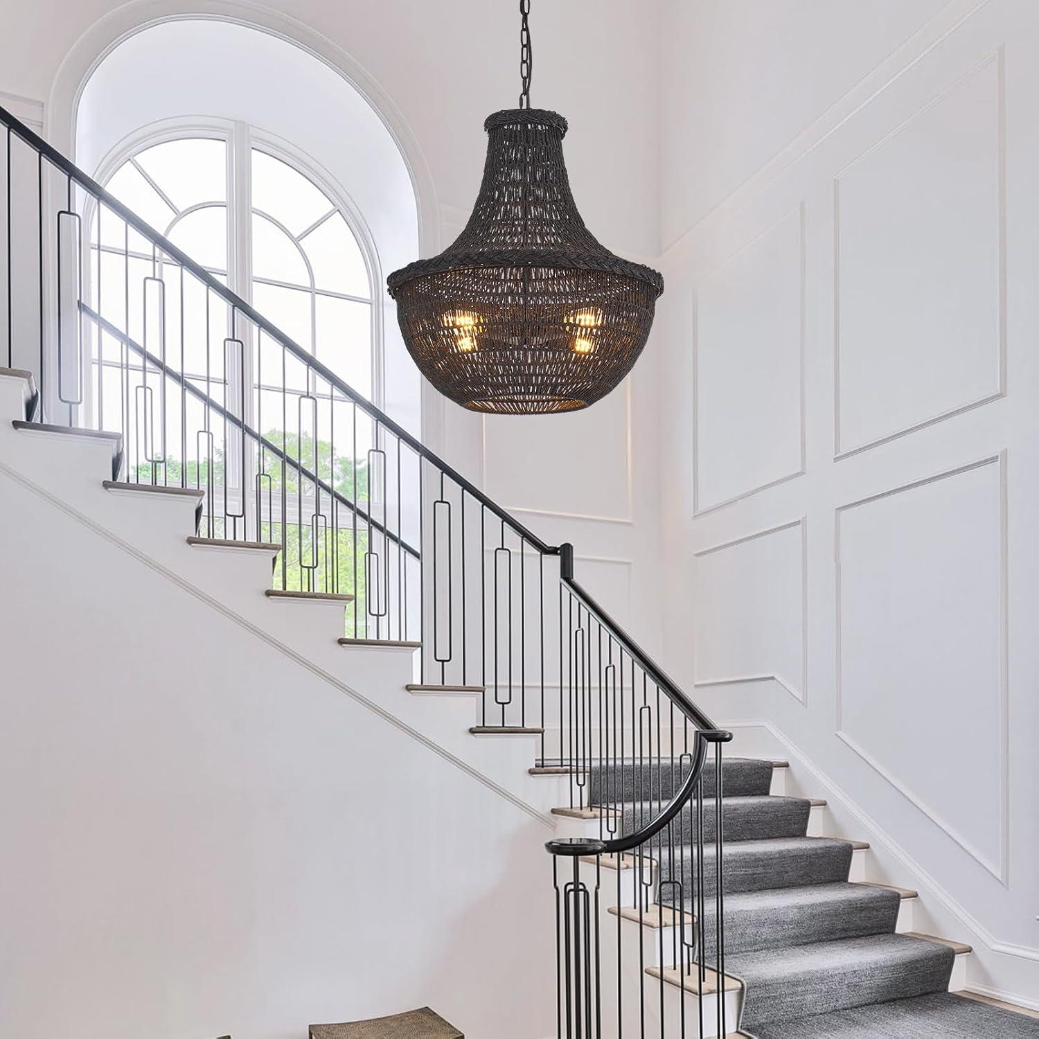 19.69" Boho Black Rattan Chandelier Vintage 4-Lights Farmhouse Hand-Woven Bamboo Basket Chandelier Light Fixture Rustic Wicker Rattan Chandeliers for Dining Room, Kitchen, Living Room