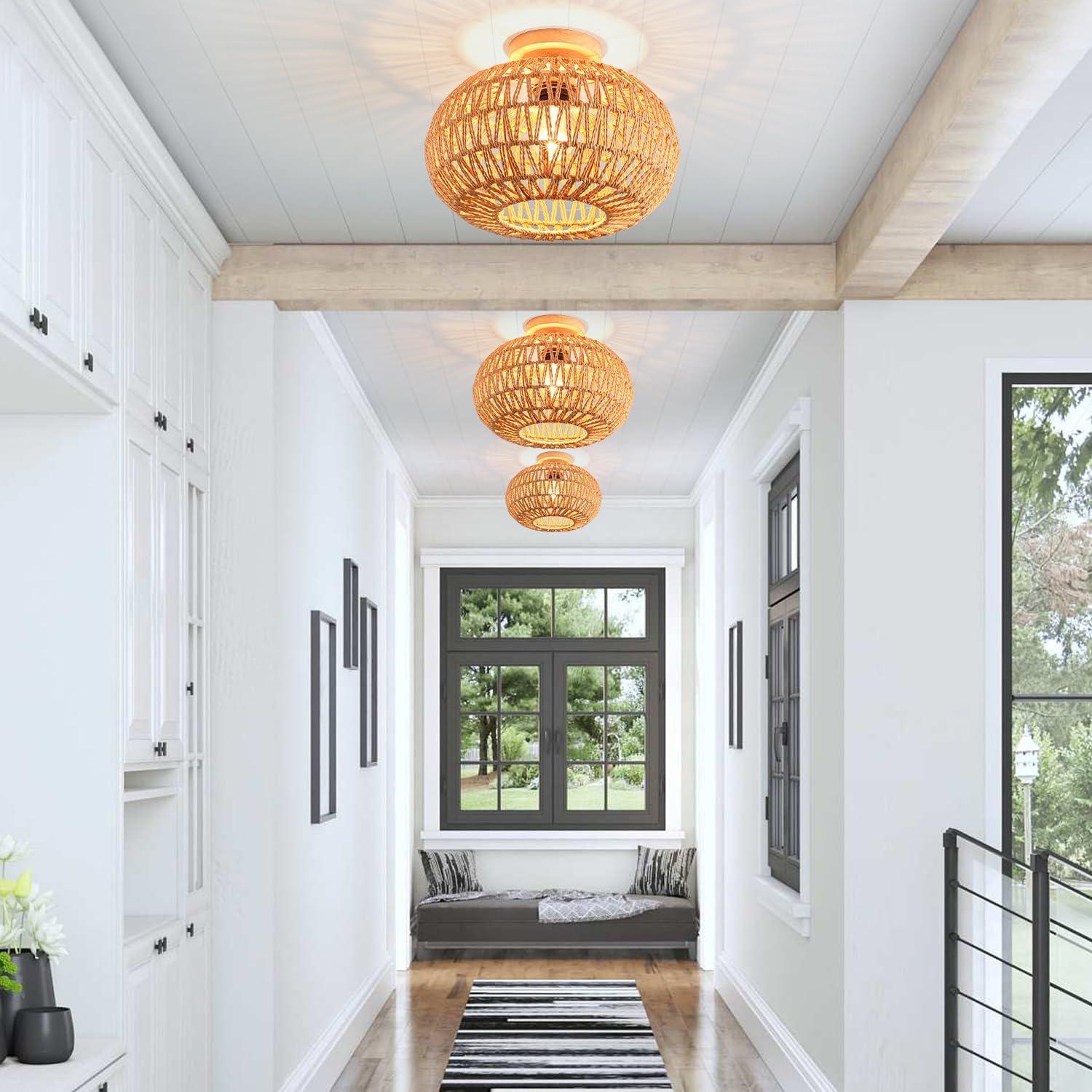Bay Isle Home™ Bamboo Ceiling Light Fixtures, Hand-Woven Boho Flush Mount Ceiling Light, Handmade Ceiling Mount With Natural Bamboo Shade, Farmhouse Light Fixture