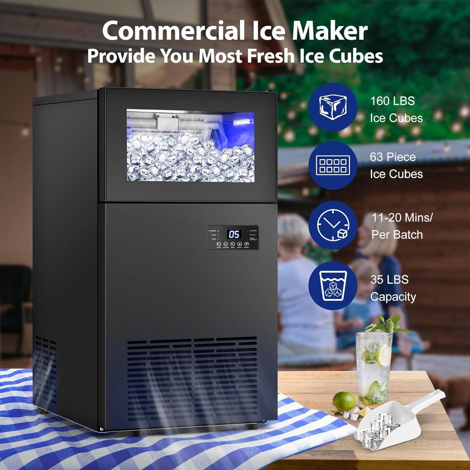 Commercial Built-in or Freestanding Ice Maker 130Lbs/24H with 35Lbs Ice Capacity, 45Pcs Ice Cubes, Stainless Steel