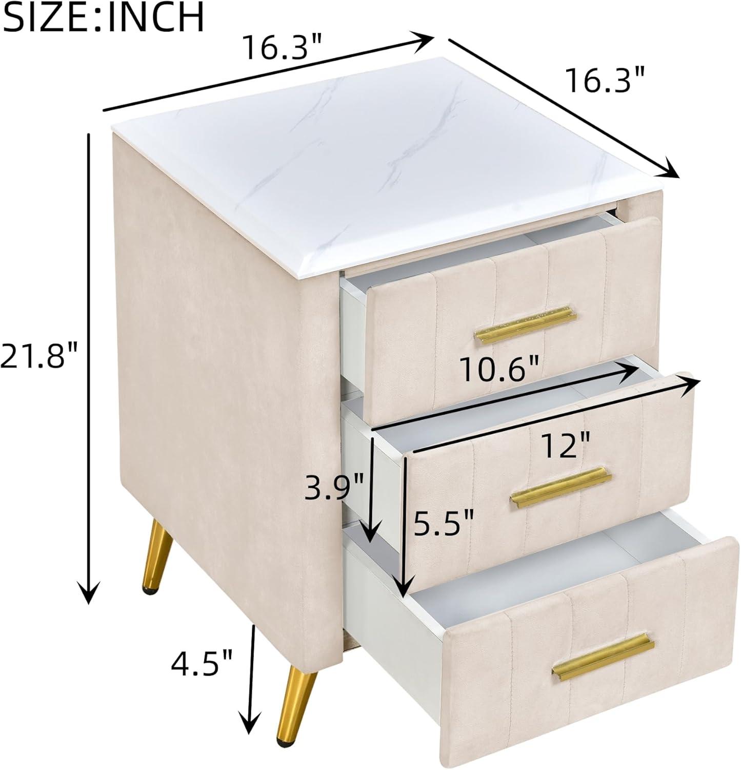 Churanty Upholstered Wooden Nightstand with 3 Drawers and Metal Legs & Handles,Bedside Table with Marbling Worktop,Beige