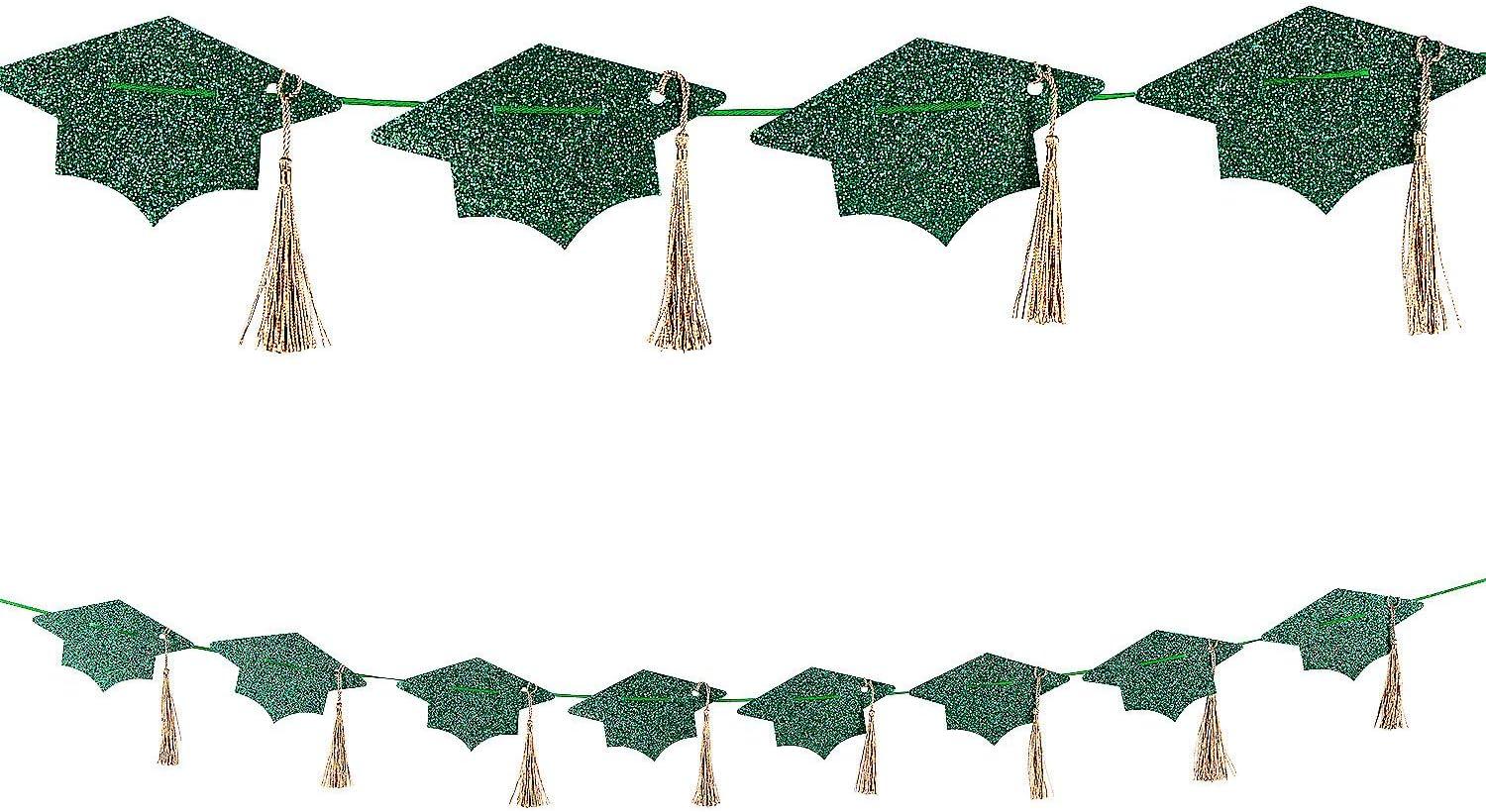 Green Glitter Tassel & Graduation Cap Party Garland