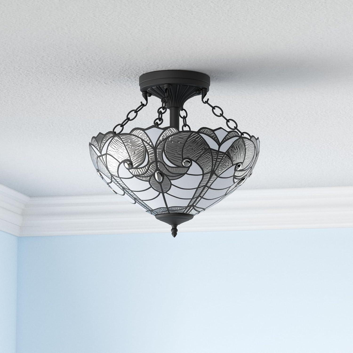 Tiffany Style 2 Light Vintage Semi-Flush Ceiling Lamp - 16" Wide