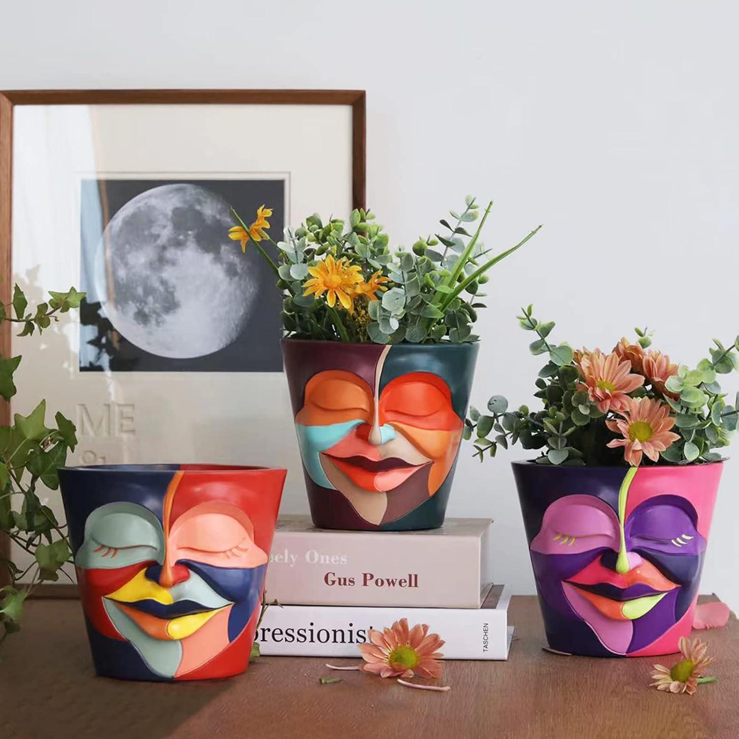 Colorful Abstract Face Planter with Drainage for Indoor and Outdoor Use