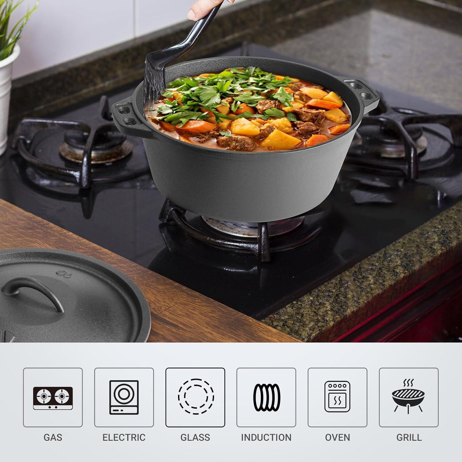 shuoli Pre-Seasoned Cast Iron Dutch Oven Pot With Lid, For Braising, Broiling, Frying, Sourdough Bread Baking, Camping Cookware, BBQ,3 Quart Pan