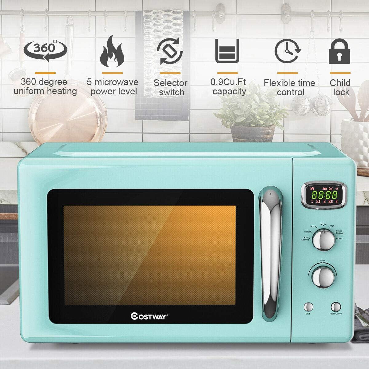Costway 0.9Cu.ft. Retro Countertop Compact Microwave Oven 900W 8 Cooking Settings Green