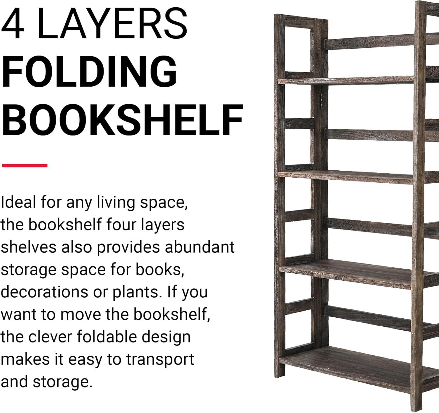 Proman Product Hickory 4 Layers Folding Bookshelf, Paulownia Wood, Walnut Color