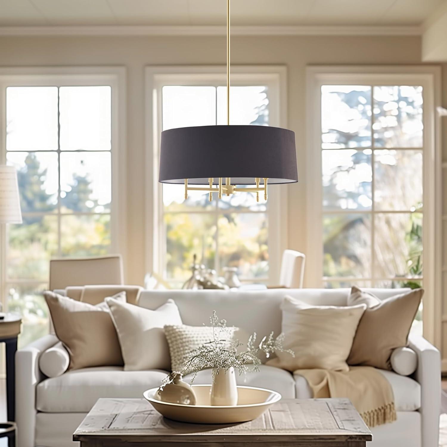 Hampton Hill Presidio 5-Light Dimmable Chandelier with Drum-shaped Fabric Shade & Adjustable Height