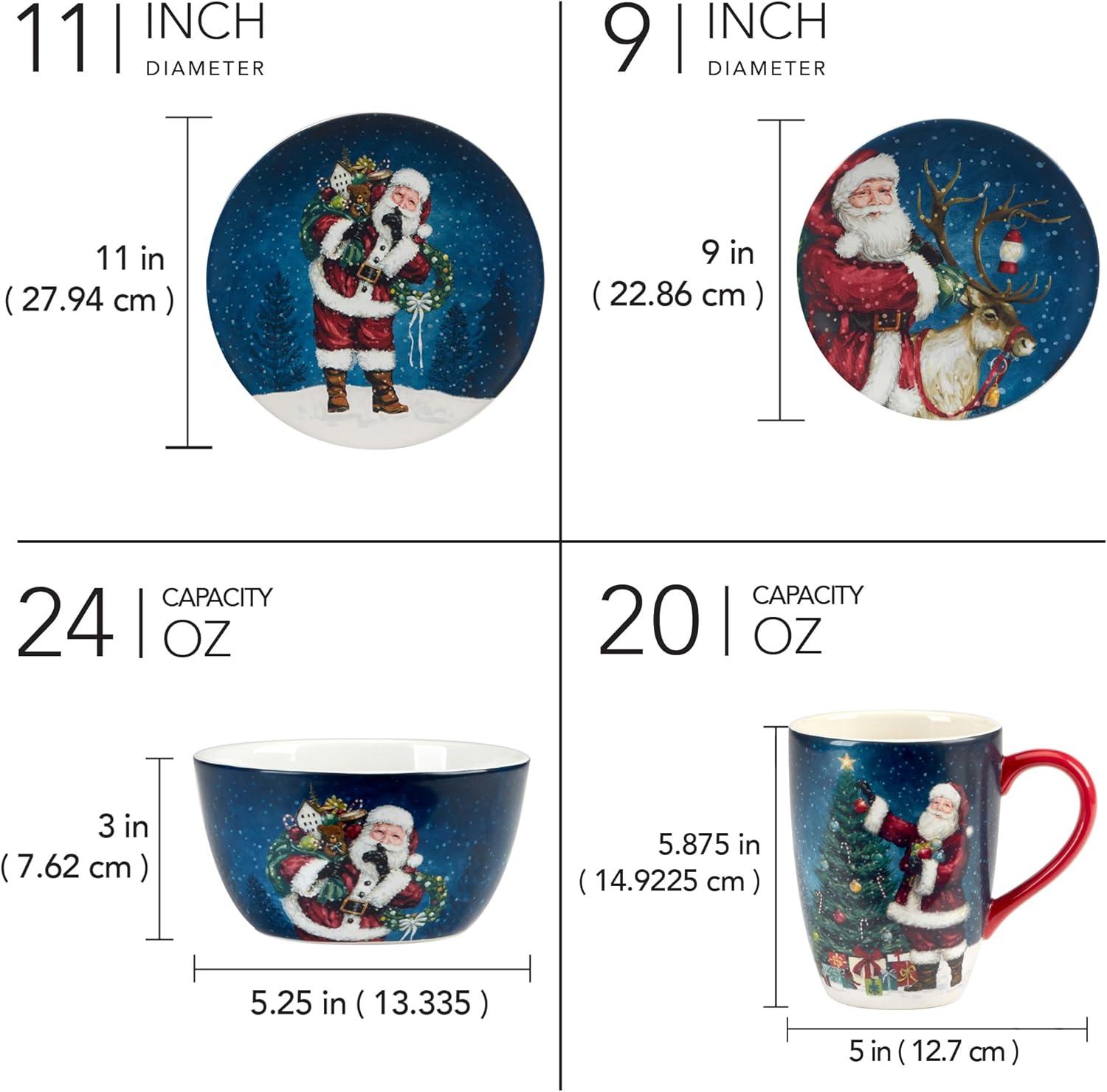 Certified International Santa's Secret 16pc Ceramic Dinnerware Set 4 Dinner 4 Dessert Plates 4 Mugs 4 Ice Cream Bowls (Set of 16)