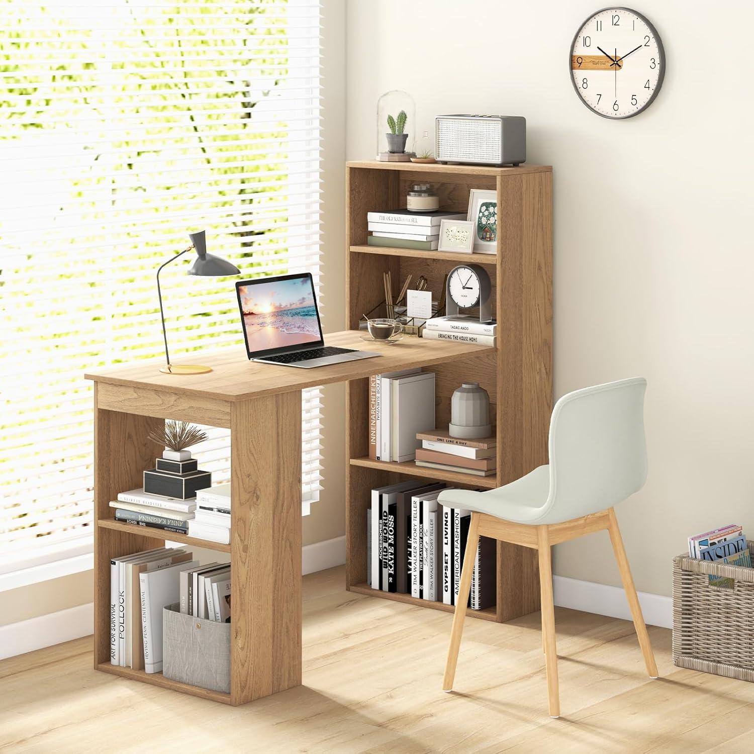 Kadyn Writing Study Desk, Computer Desk, Laptop Workstation Desk,48 Inch Computer Desk with 4-Tier Bookcase and CPU Stand-Natural