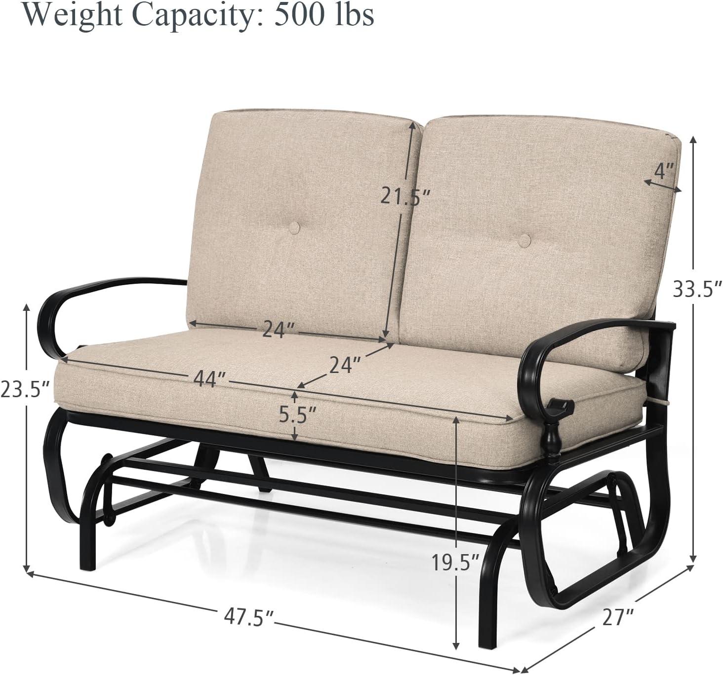 Elegant Black Steel Outdoor Glider Bench with Cushioned Seat, Beige