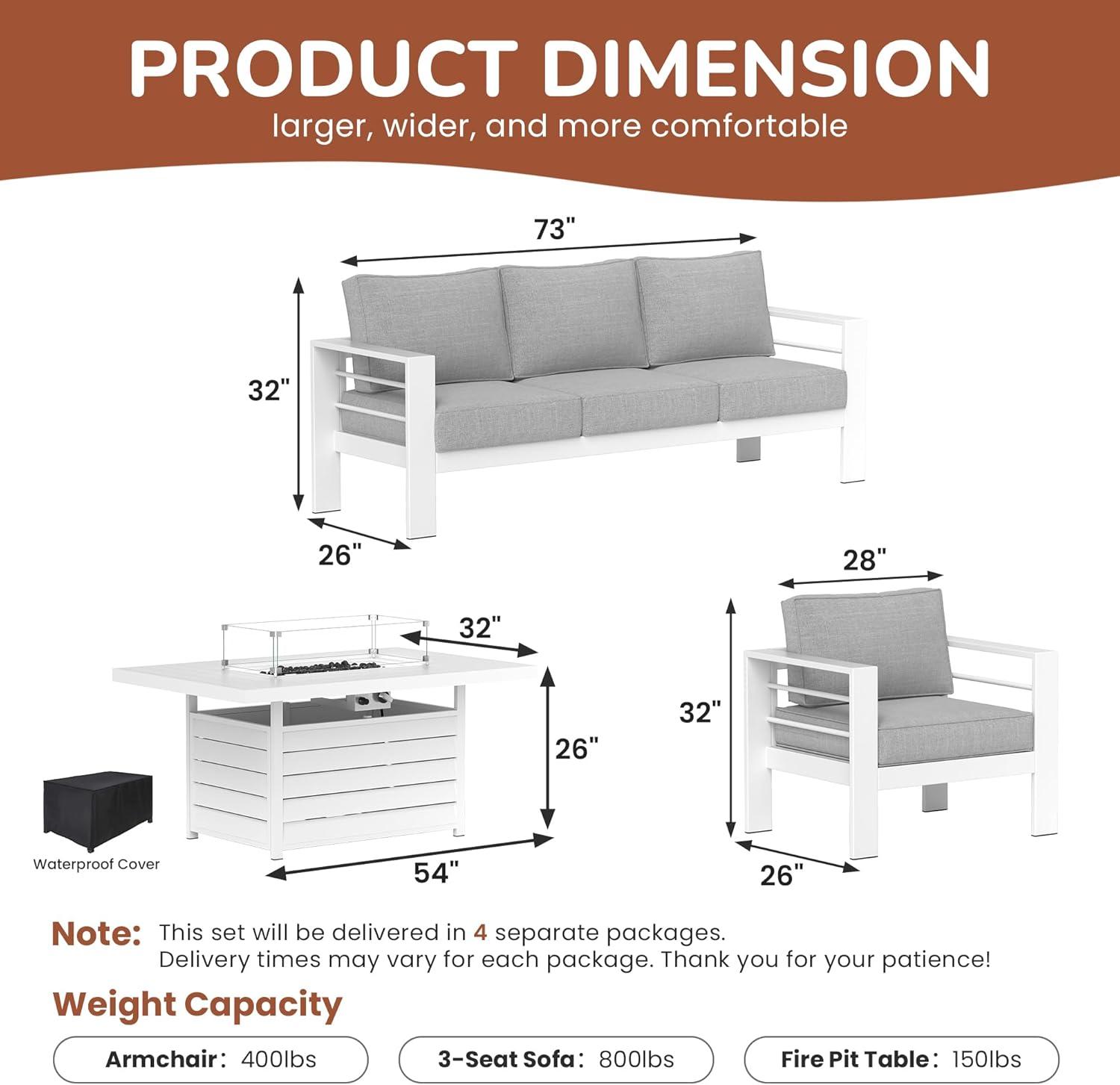 Heynemo Aluminum Patio Furniture Set with Fire Pit Table, 4 Piece Outdoor Furniture with Cushions for Balcony Backyard, White (Ship in 4 Boxes) Set of