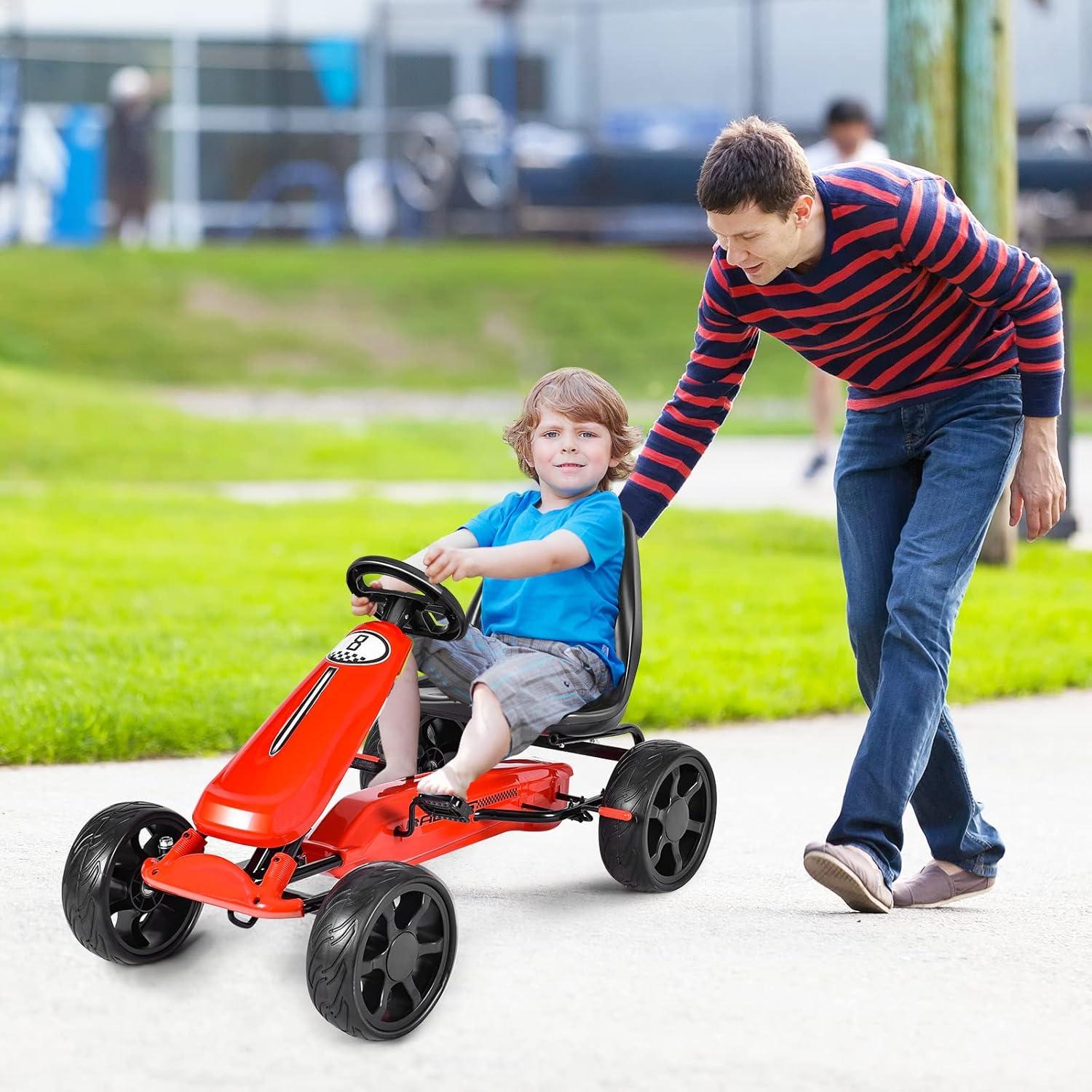 Costway Xmas Gift Go Kart Kids Ride On Car Pedal Powered Car 4 Wheel Racer Toy Stealth Outdoor Red