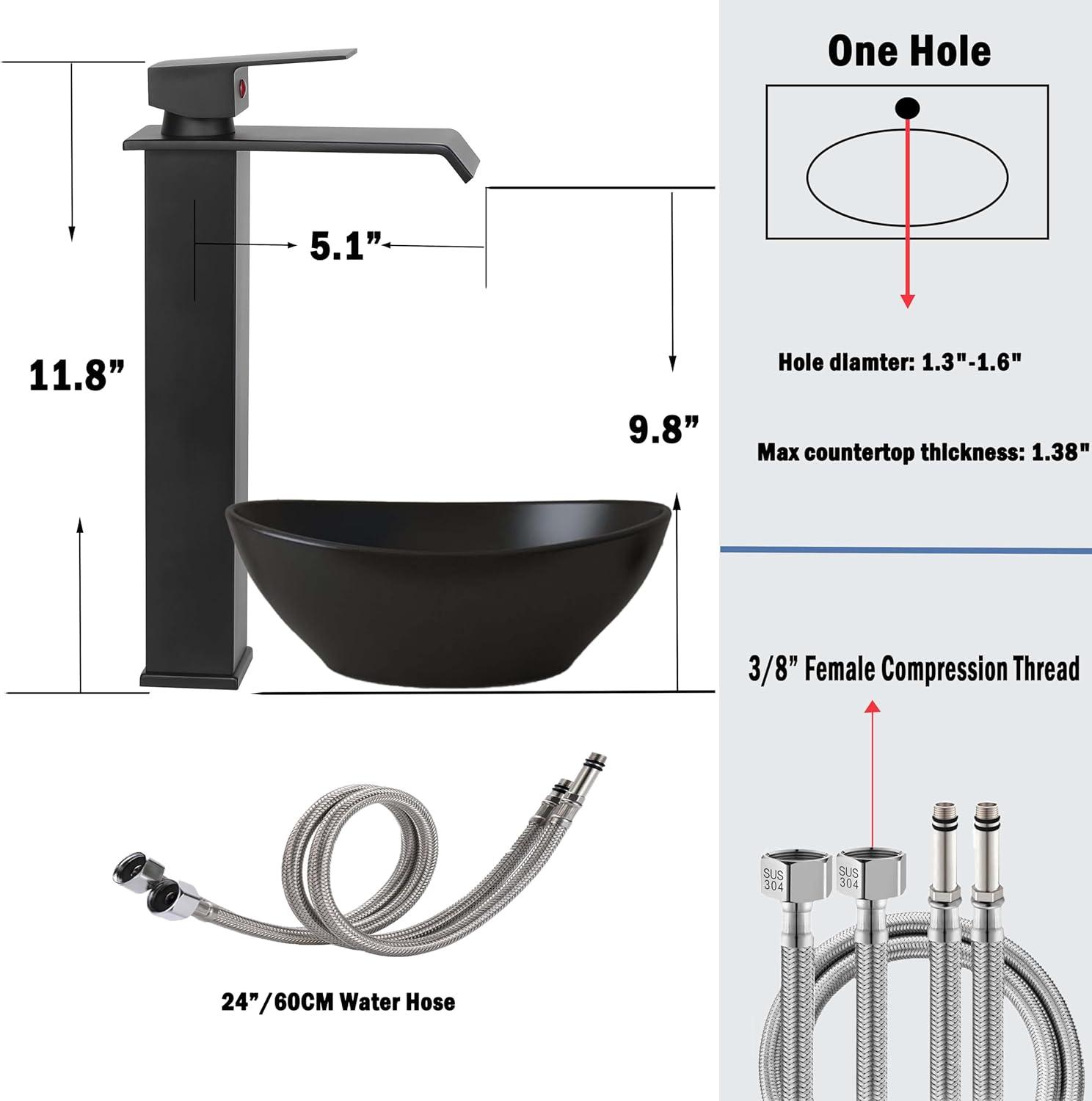 Matte Black Vessel Sink Faucet for Sink 1 Hole Single Handle Deck Mount Bathroom Sink Faucet Bowl Sink Mixer Tap with Pop Up Drain Combo Vanity RV Bar Sink Faucet