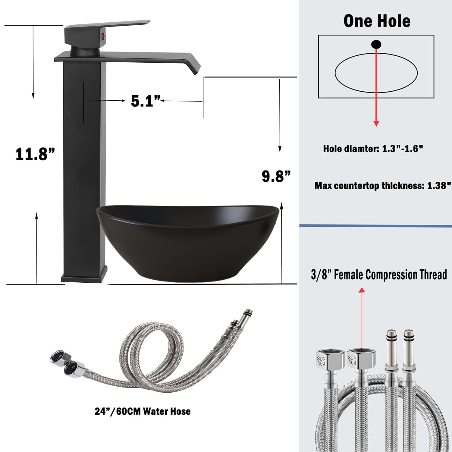 Matte Black Vessel Sink Faucet for Sink 1 Hole Single Handle Deck Mount Bathroom Sink Faucet Bowl Sink Mixer Tap with Pop Up Drain Combo Vanity RV Bar Sink Faucet