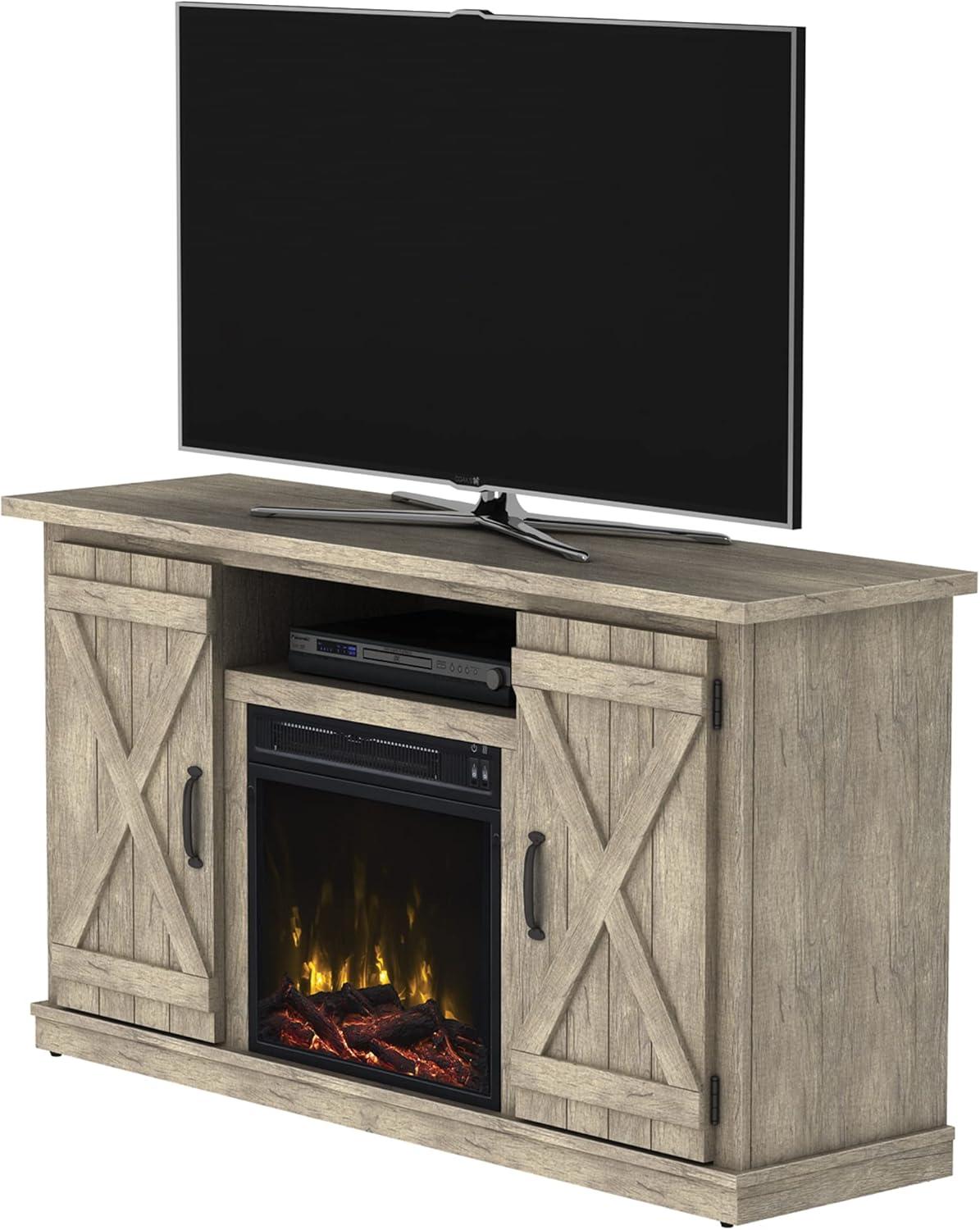 Ashland Pine TV Stand with Electric Fireplace and Cabinets