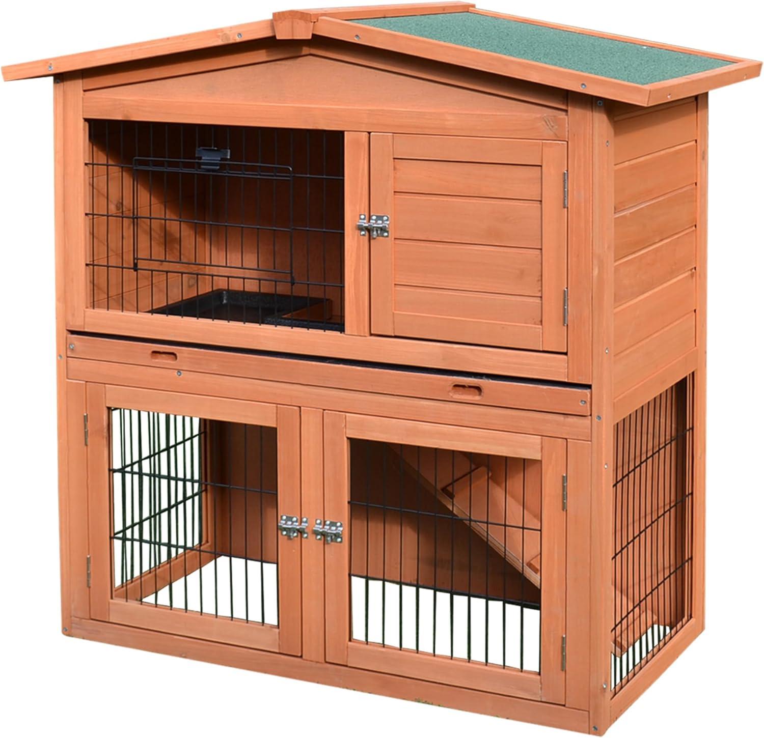 Pawhut 40" Wooden Rabbit Hutch Bunny Cage Small Animal House with No Leak Tray, Ramp, Weatherproof Roof for Outdoor