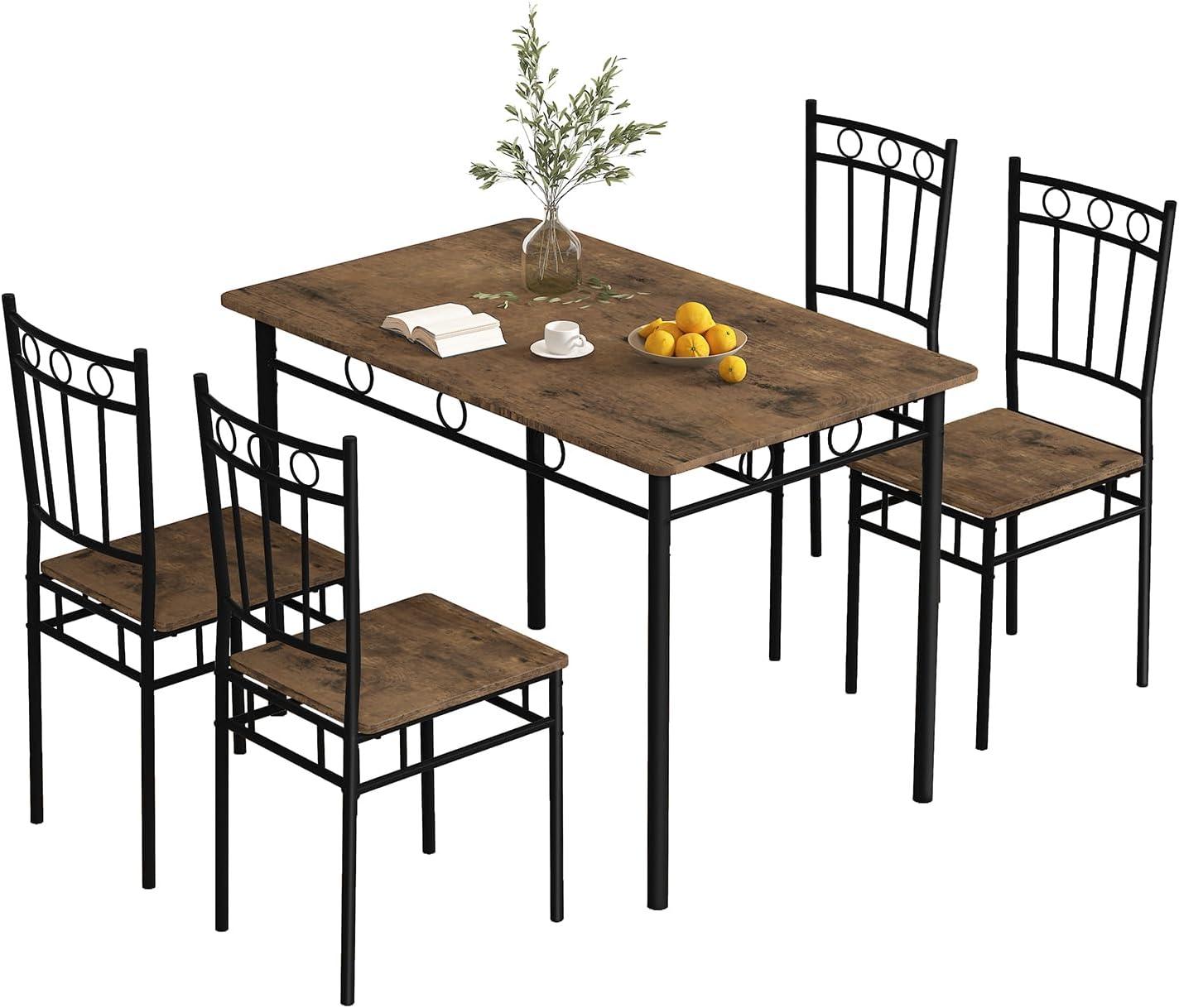 Dining Table Set for 4, 5-Piece Kitchen Table and Chairs, Rectangular Dining Room Table Set with 4 Chairs, Space-Saving Kitchen Table Set for Small Space,Dinette,Apartment,Retro Brown