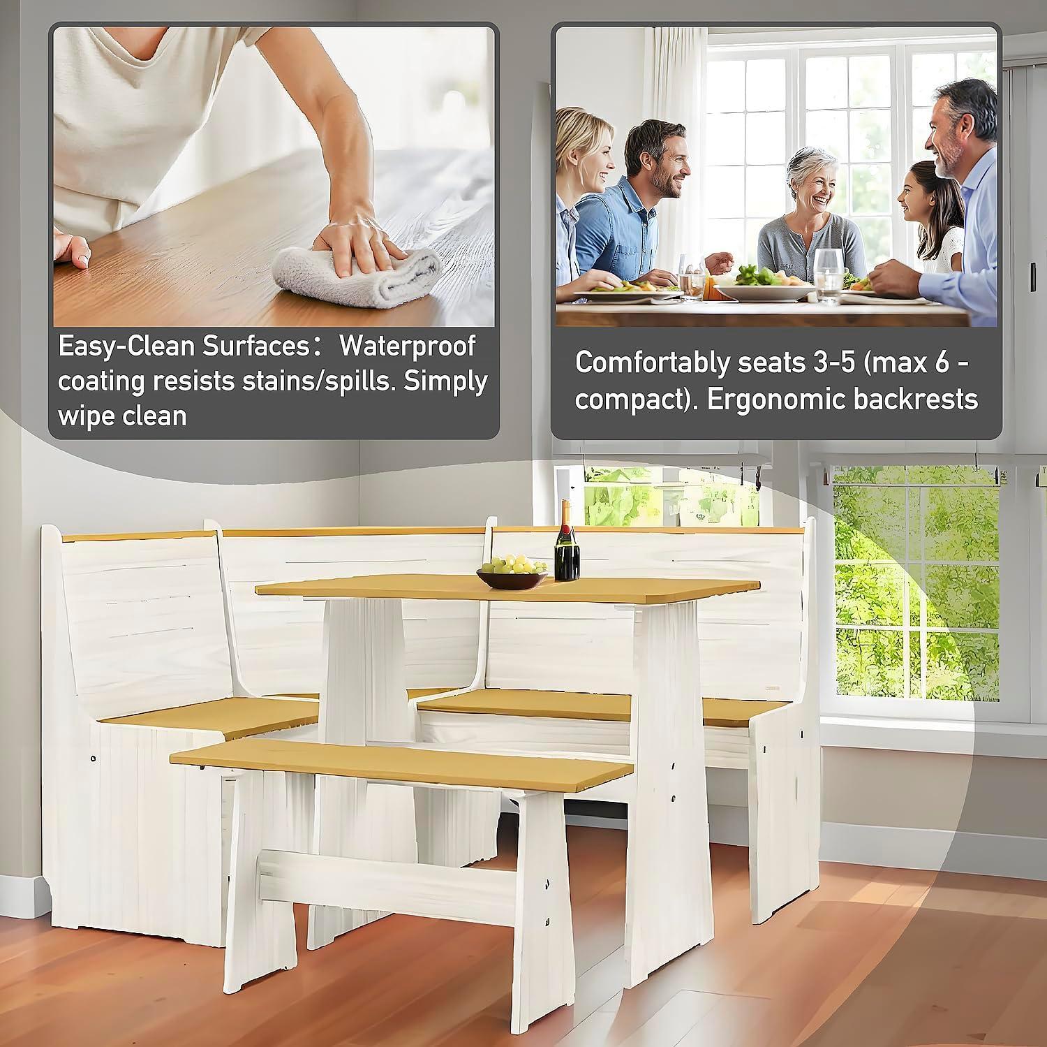 Breakfast Nook Corner Dining Table Kitchen Bench Chair Set, Space-Saving 3-5 People Seat Reversible L-Shape for Family Home White Wood