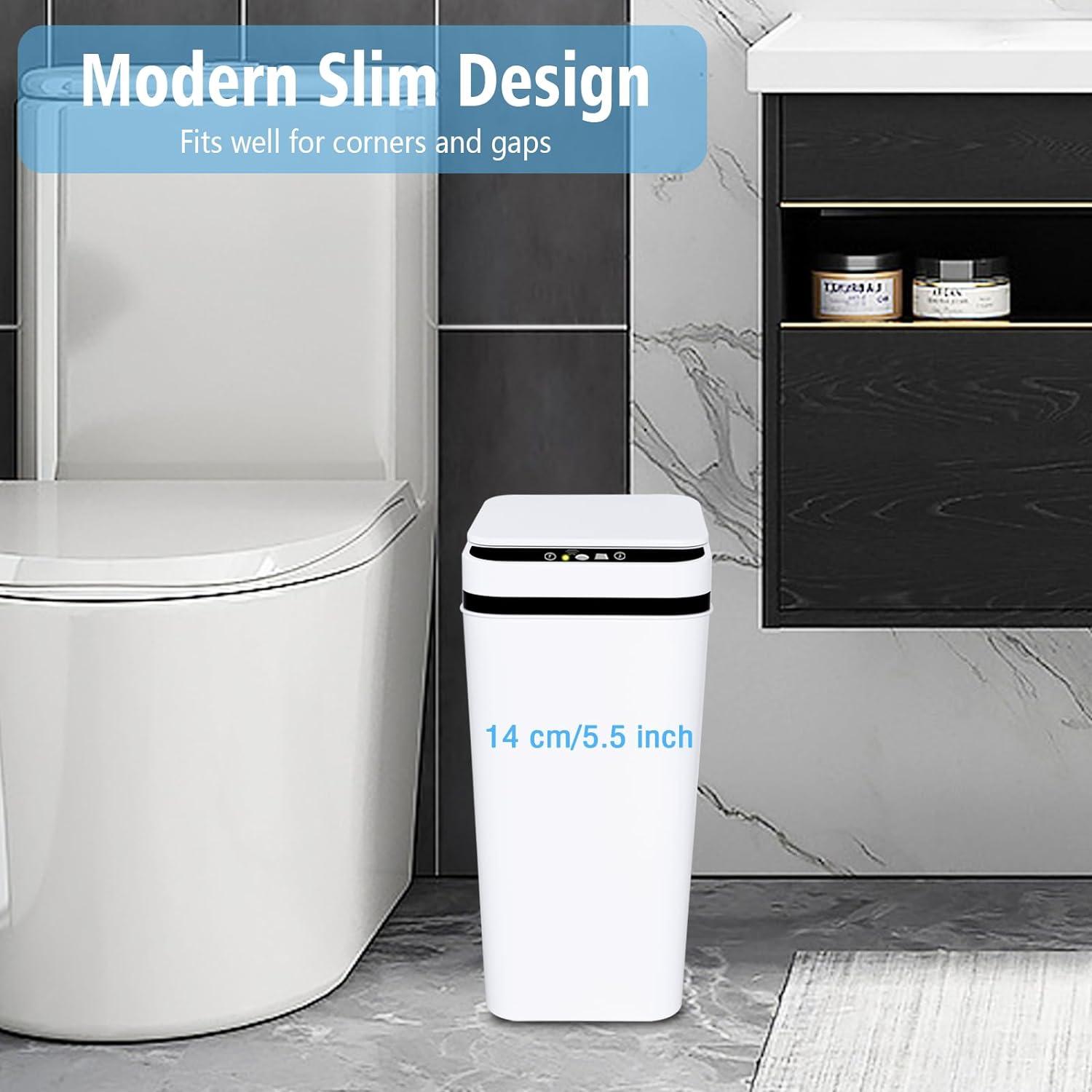 VQJTCVLY 2Pack Bathroom Small Trash Can with Lid, 2.2 Gallon Touchless Automatic Garbage Can Slim Waterproof Motion Sensor Smart Trash Bin for Bedroom, Office, Kitchen, Living Room (White)