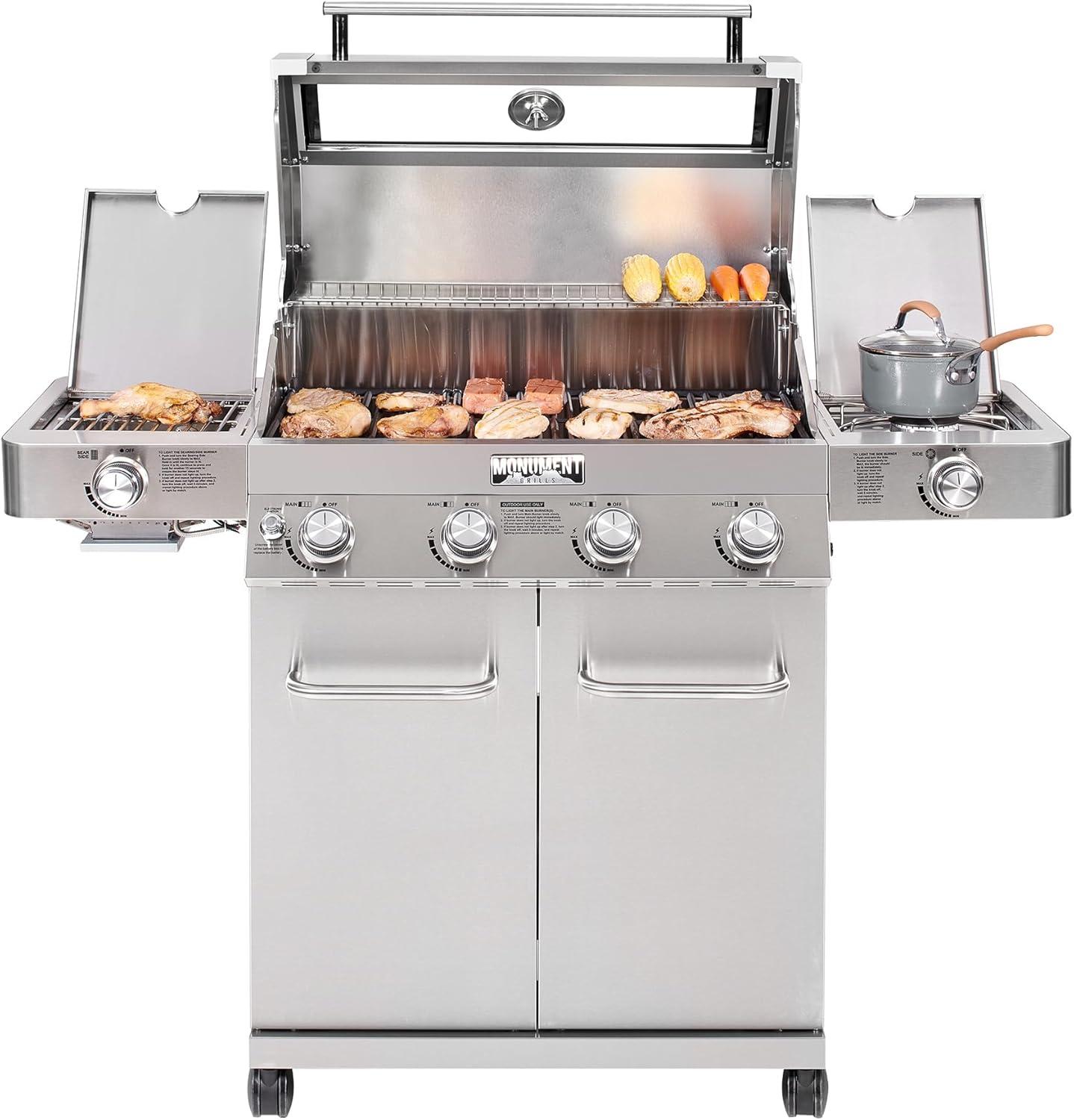 Monument Grill 35633 4-Burner Liquid Propane 72000 BTU Gas Grill Stainless with Side & Side Sear Burner