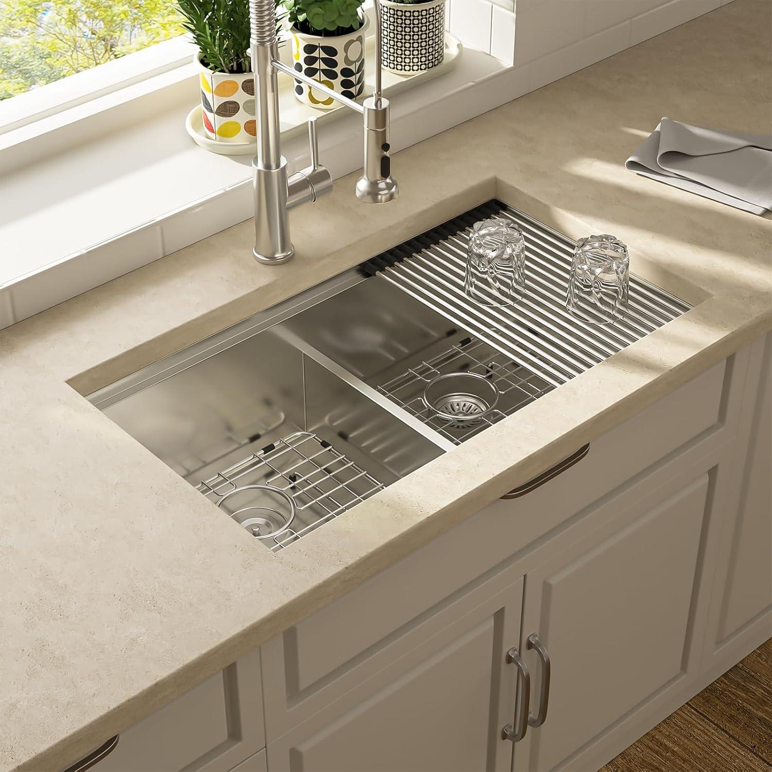 Double Bowl (60/40) Undermount Sink, 33"x19" Gunmetal Black Double Bowl Kitchen Sink 16 Gauge with Two 10" Deep Basin, X Grooves Engineered for Easy Draining