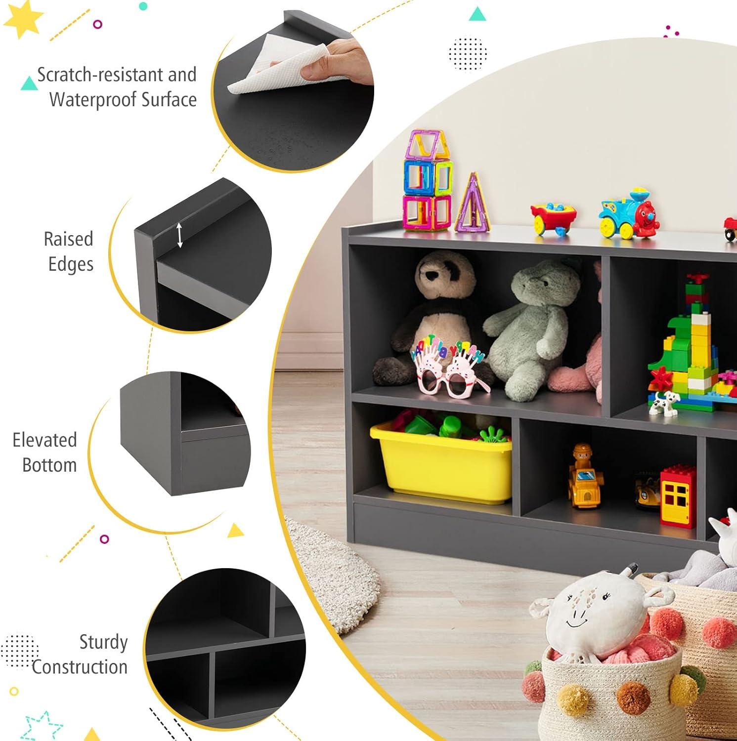 Costway Kids 2-Shelf Bookcase 5-Cube Wood Toy Storage Cabinet Organizer Grey