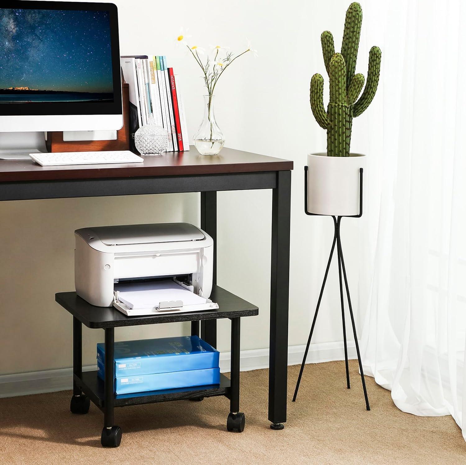 Black Metal 2-Tier Mobile Printer Stand with Shelf