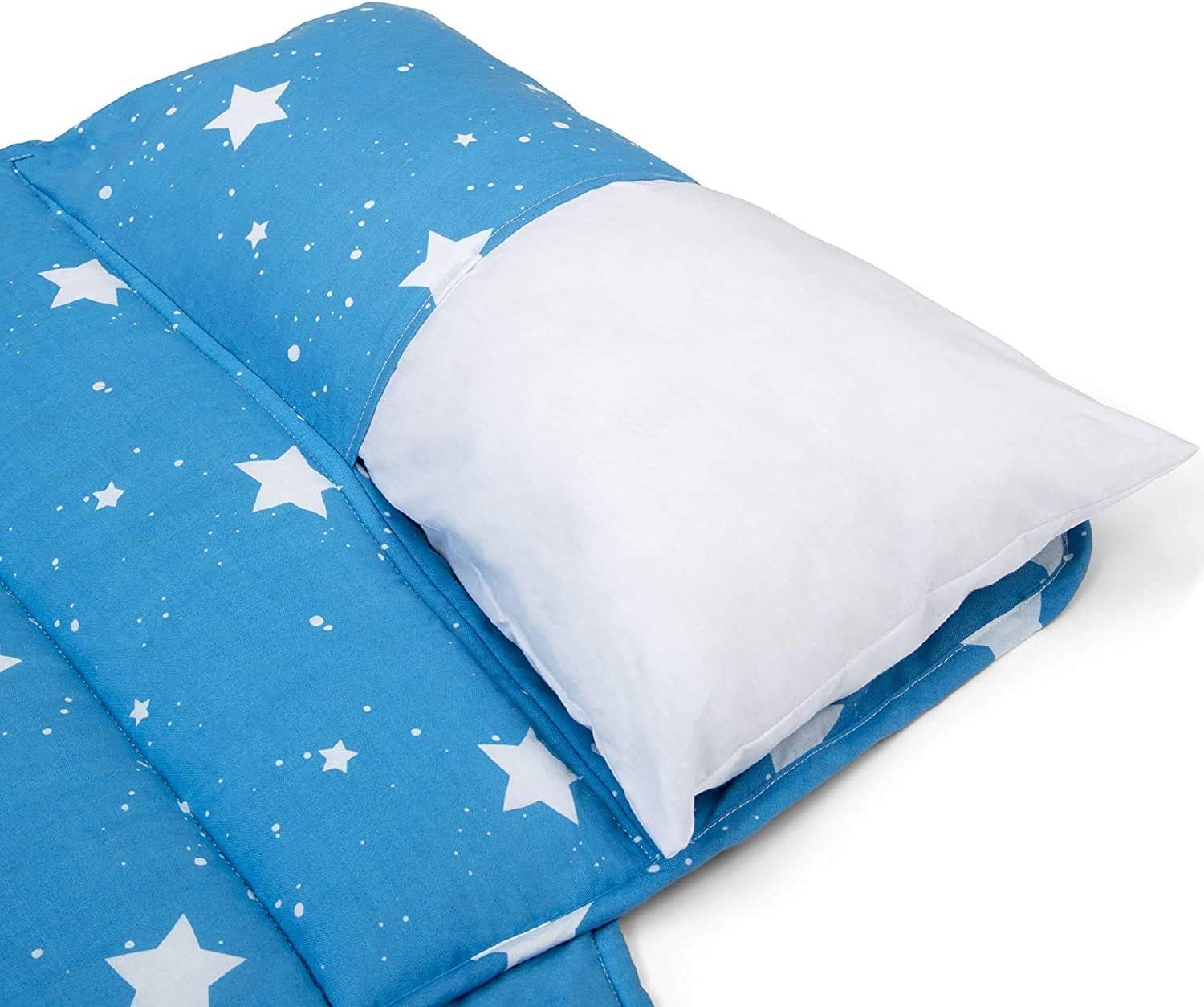 Delta Children Nap Mat with Included Pillow and Blanket for Toddlers and Kids | Features Carry Handle with Strap Closure | Rollup Design | Ideal for Preschool and Daycare, Deep Space