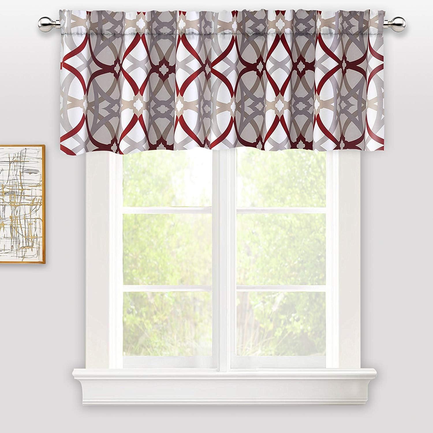 DriftAway Alexander Spiral Geo Trellis Pattern Window Curtain Valance Rod Pocket 52 Inch by 18 Inch Plus 2 Inch Header Red and Gray