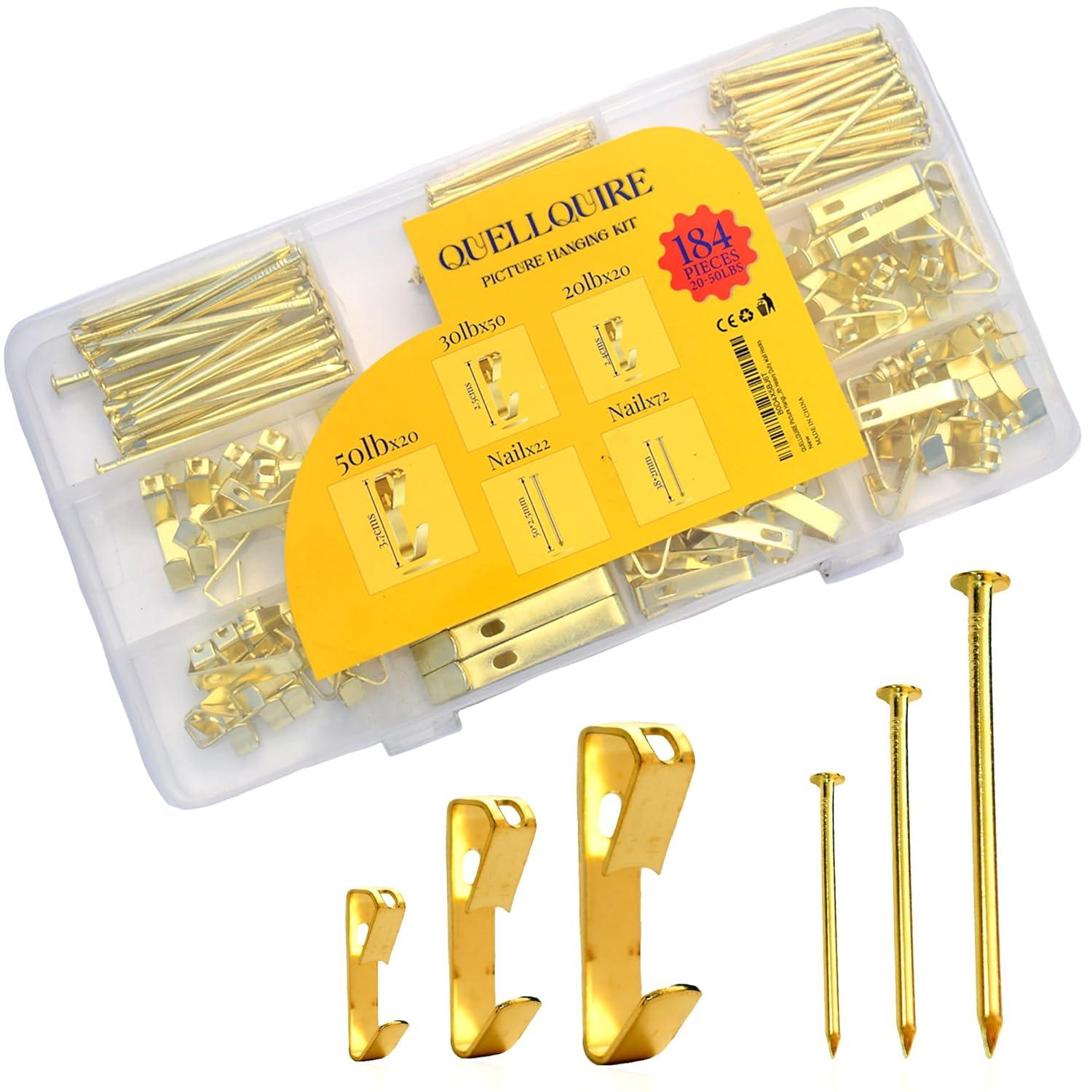 Picture Hanging Kit 184Pcs – Picture Hangers & Wall Hooks for Hanging – 20lb, 30lb, 50lb Wall Hangers with Metal Hooks and Nails for Drywall, Wood Walls & More(Gold)