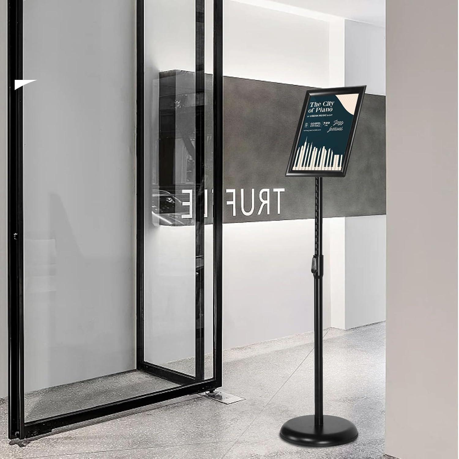 Adjustable Sign Holder Stand 8.5x11 inch,Pedestal Floor Signage Standing Holder with Heavy Duty Base, Aluminum Snap Open Frame Display for Business Restaurant, Mall,Schools-1 Pack