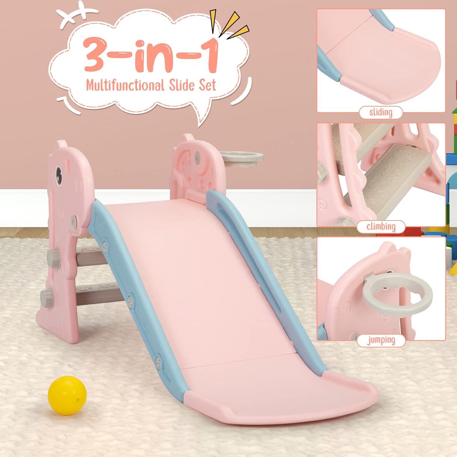 Nyeekoy 3 in 1 Foldable Toddler Large Slide w/ Climbing Ladder, Basketball Hoop, Indoor Outdoor Freestanding Playground for Kids