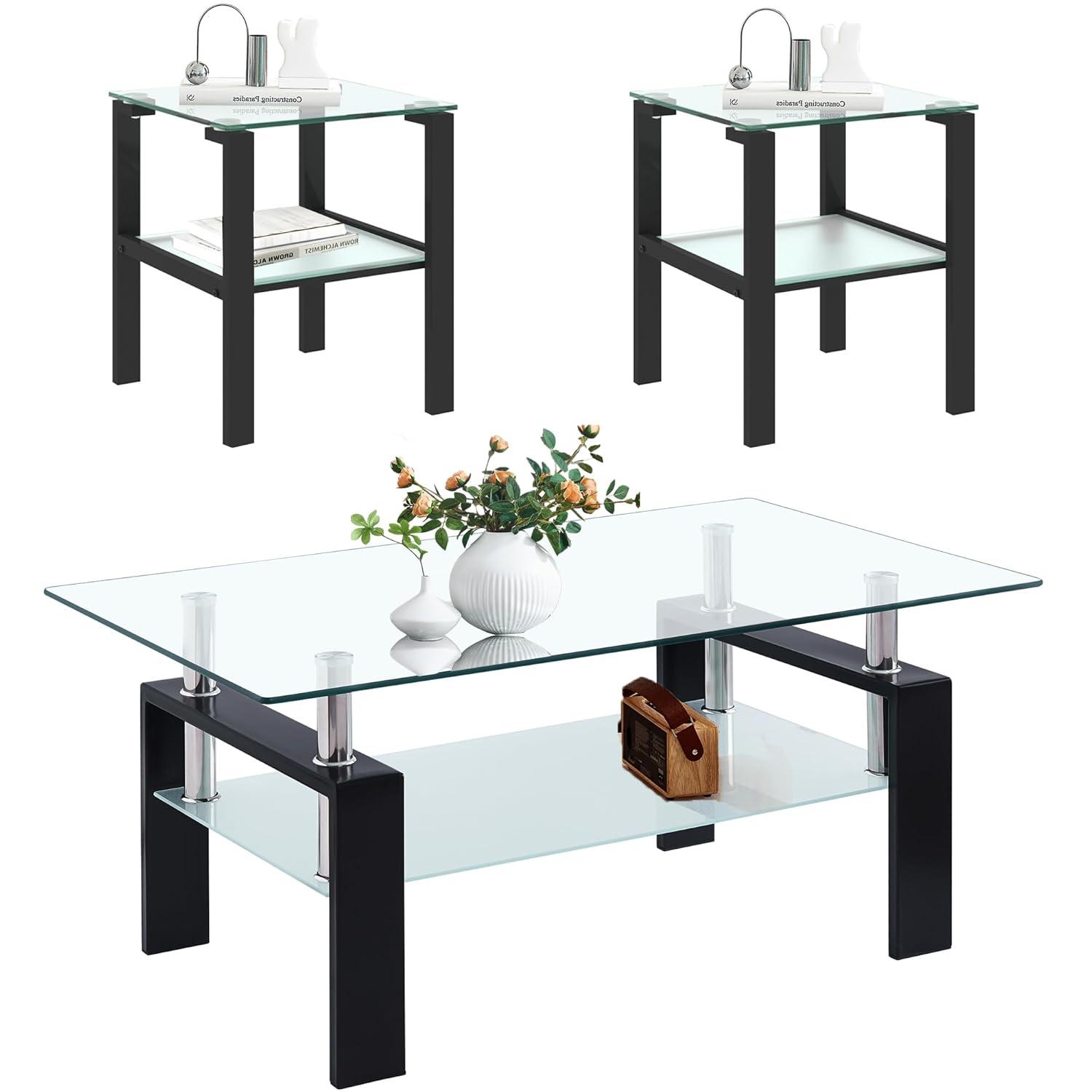 Glass Coffee Table Set of 3 Piece, Living Room Table Set of 3, Black Coffee Table and End Coffee Table Sets, Metal Frame (Black C, Set of 3)