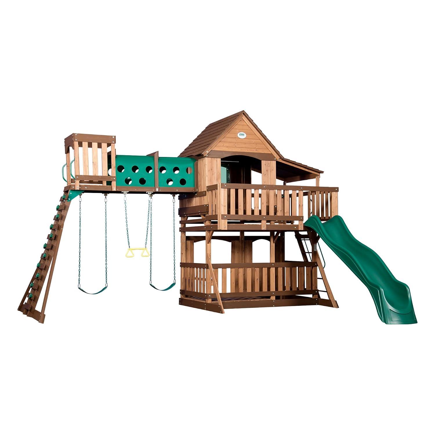Backyard Discovery Backyard Discovery Woodridge Elite Cedar Wood Swing Set with Wave Slide, Clubhouse, Crawl Tunnel, and Crow's Nest
