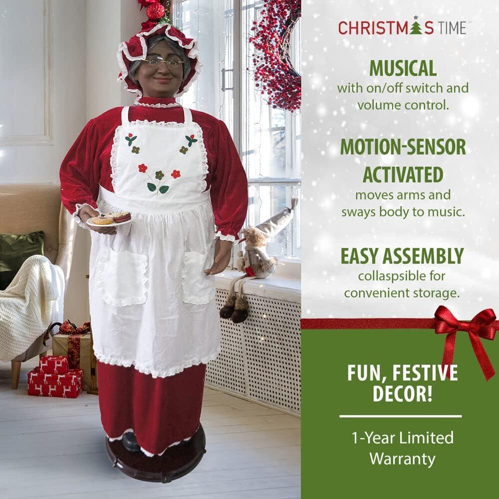 Christmas Time 58-In. African American Dancing Mrs. Claus with Apron and Christmas Cookies | Animated Indoor Holiday Home Decor | CT-MC058-2RD2-AA