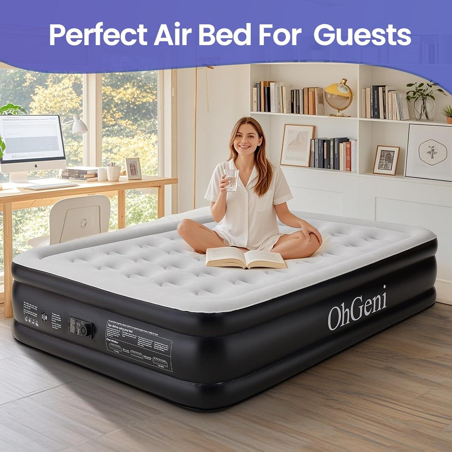 OhGeni Queen Raised Black PVC Air Mattress with Pump