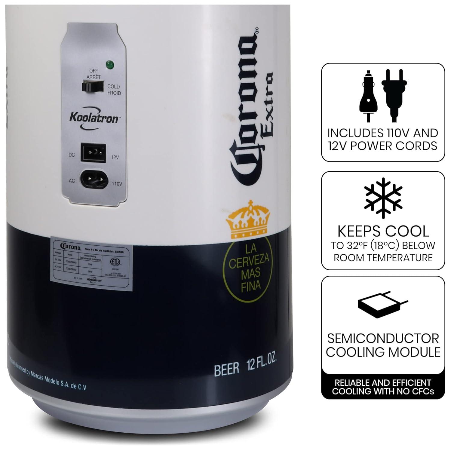 Corona 8 Can Portable Mini Fridge w/ 12V DC and 110V AC Cords, 5.4L (5.7 qt) Beer Can Shaped Personal Cooler, White, Travel Fridge for Beer, Snacks, Lunch, Drinks, Home, Office, Bar, Dorm, RV