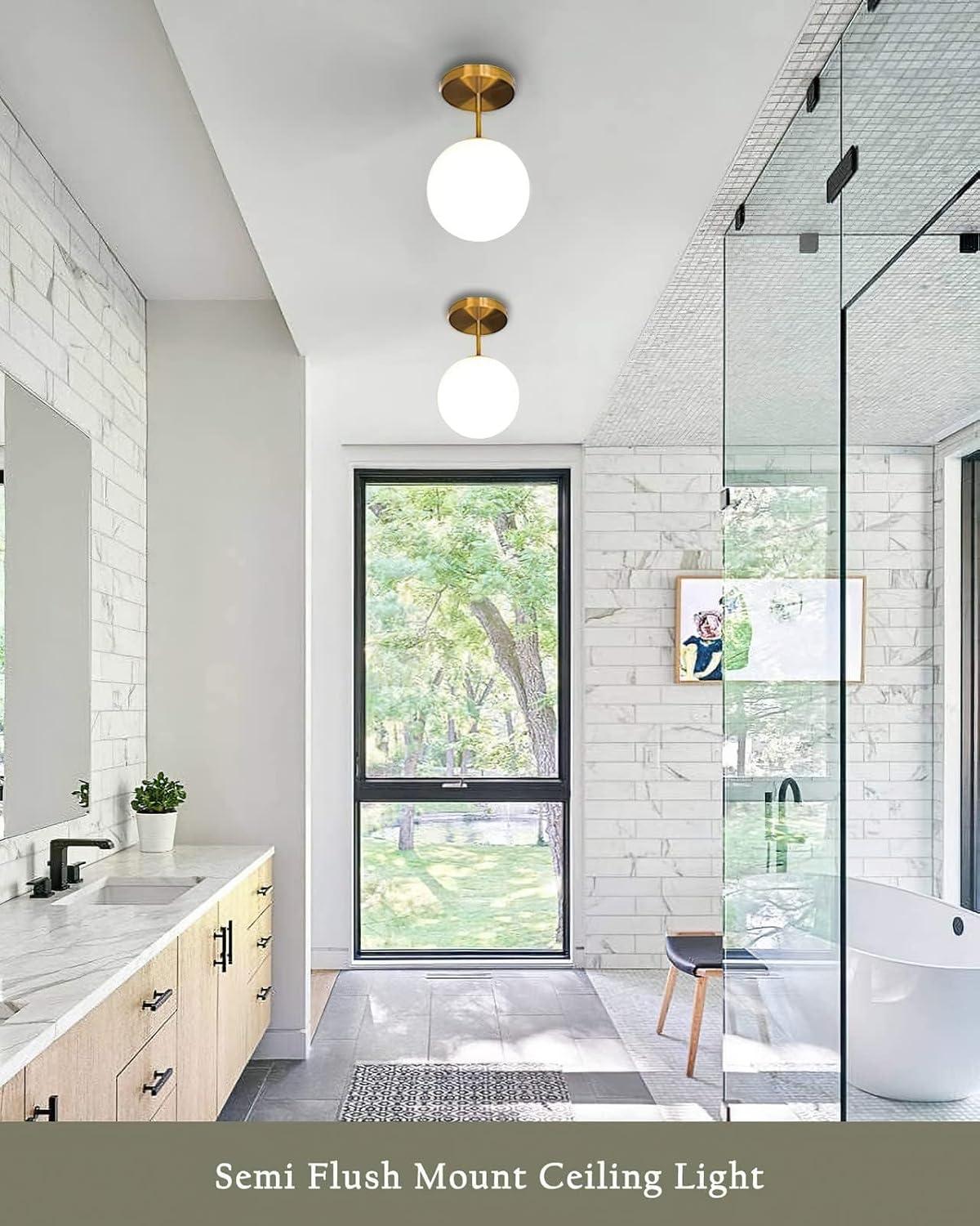 Mid Century Modern Globe Semi Flush Mount Ceiling Light Fixture Frosted Glass with Gold Brass Finish,1-Light Sphere Glass Pendant Lights for Aisle Porch Stairway Closet Kitchen Laundry Room(Bulb Incl)