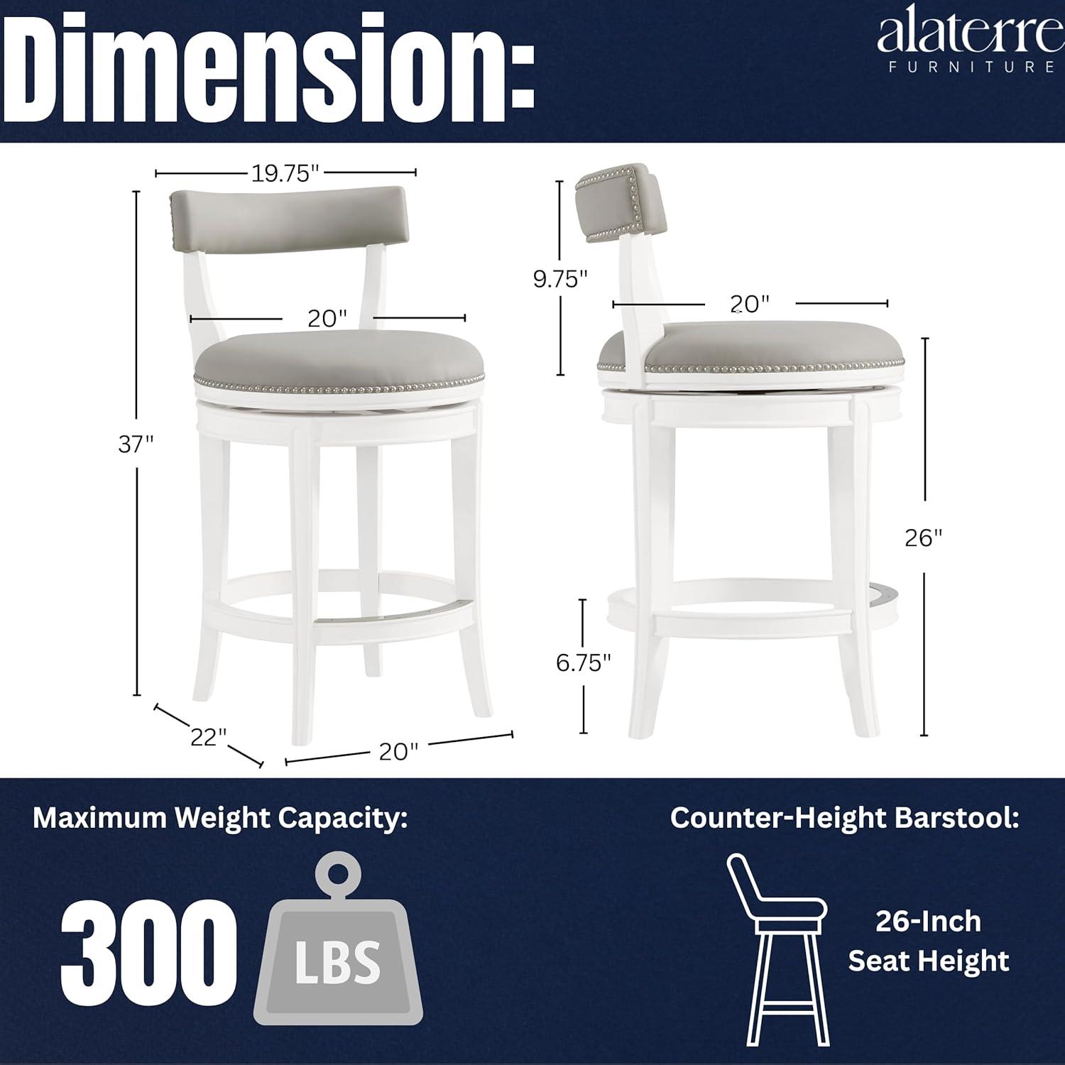 Alaterre Hanover Swivel Counter Height Bar Stool, 26-Inch Seat Height, White and Gray, Solid Rubberwood Frame with Faux Leather Upholstery, Nailhead Trim, Memory Return Swivel Mechanismv