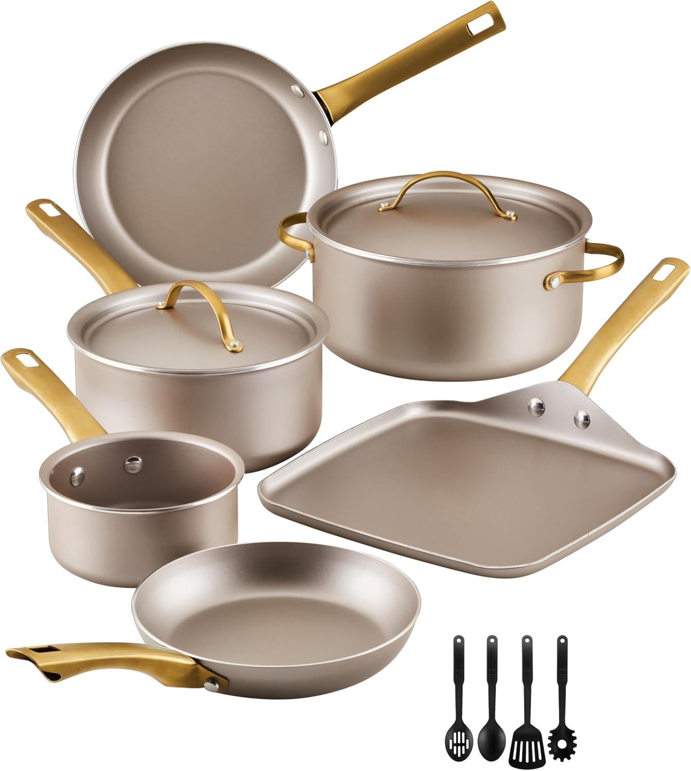 Champagne Nonstick Aluminum Cookware Set with Gold Handles, 12 Piece