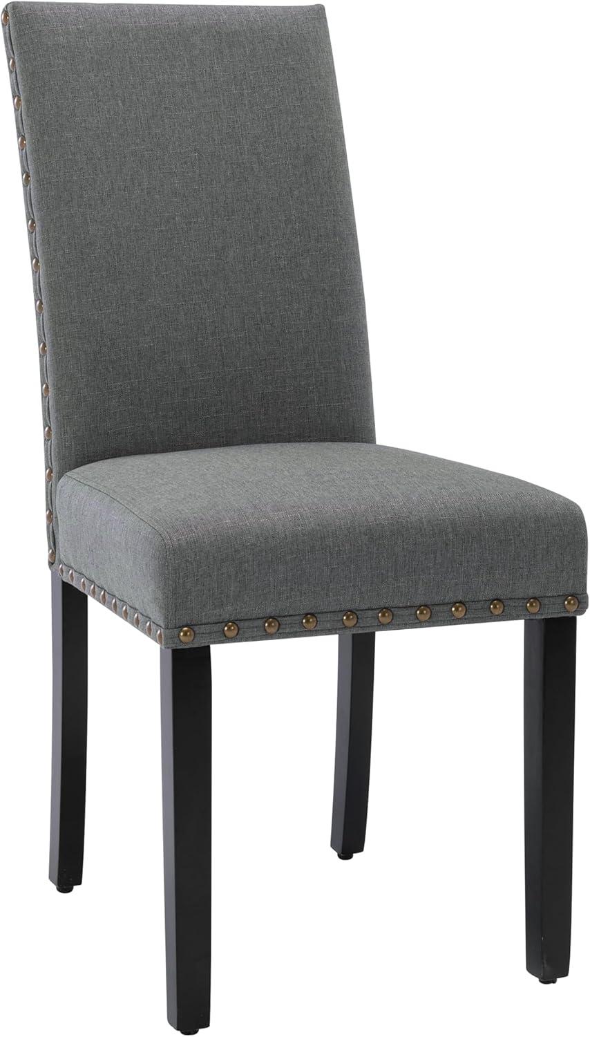 Upholstered Dining Chairs Set pf 2 Studded Parson Chairs with Nailheads and Sturdy Wooden Legs, Grey